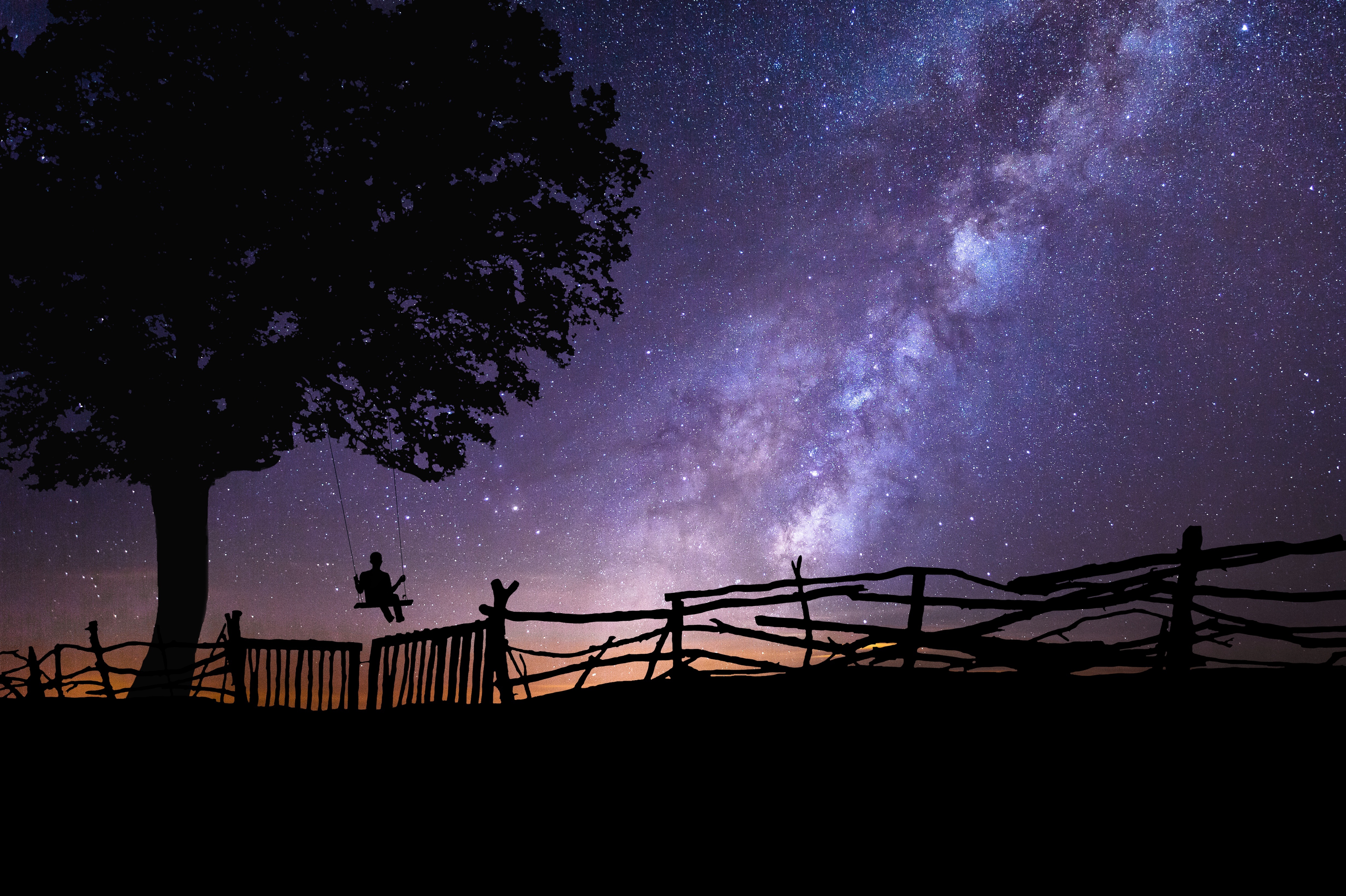 109636 download wallpaper dark, night, silhouette, wood, tree, starry sky, swing screensavers and pictures for free