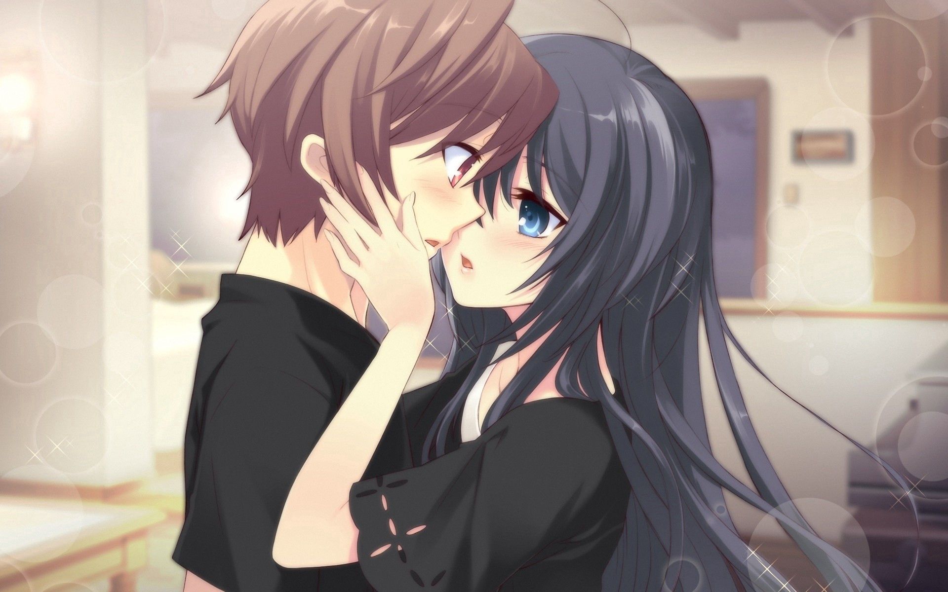 girl, guy, tenderness, kiss, anime cell phone wallpapers