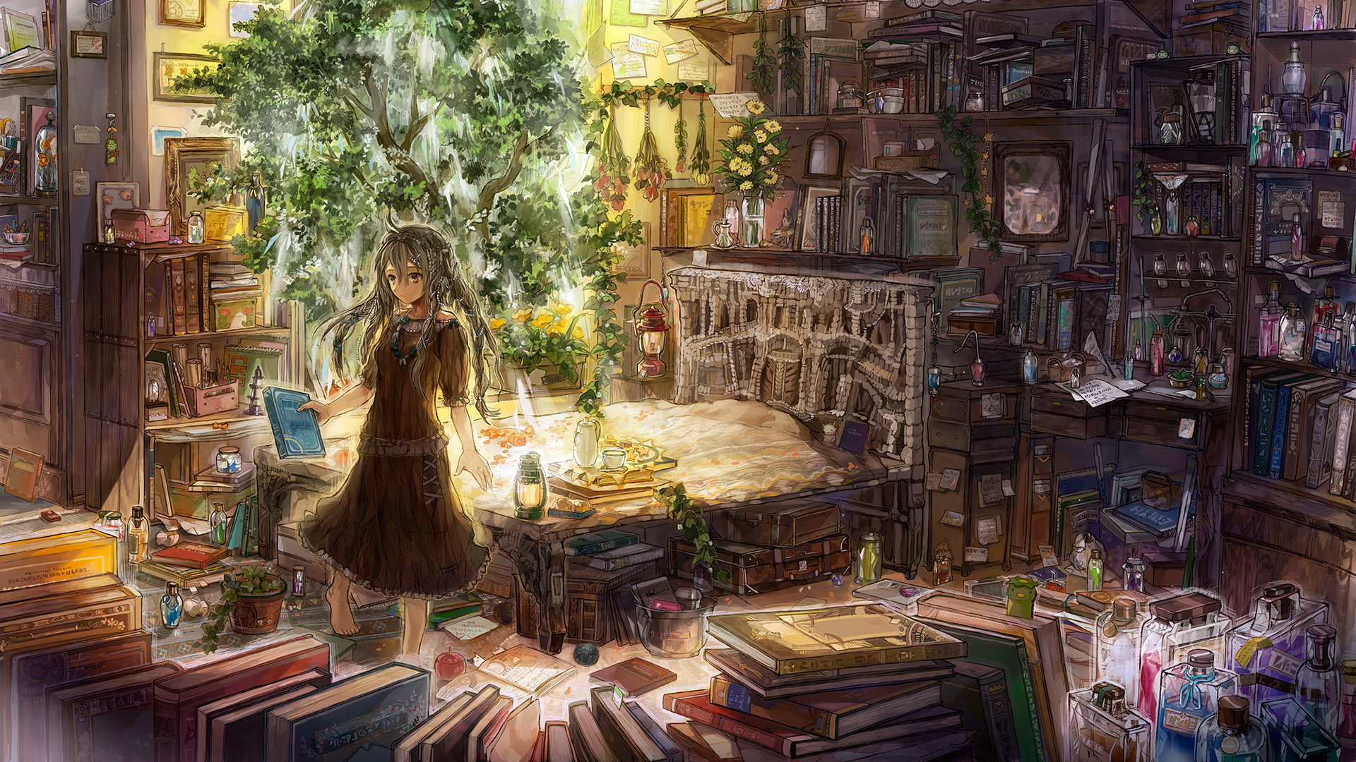original, anime, book, bottle, long hair, room, tree HD wallpaper