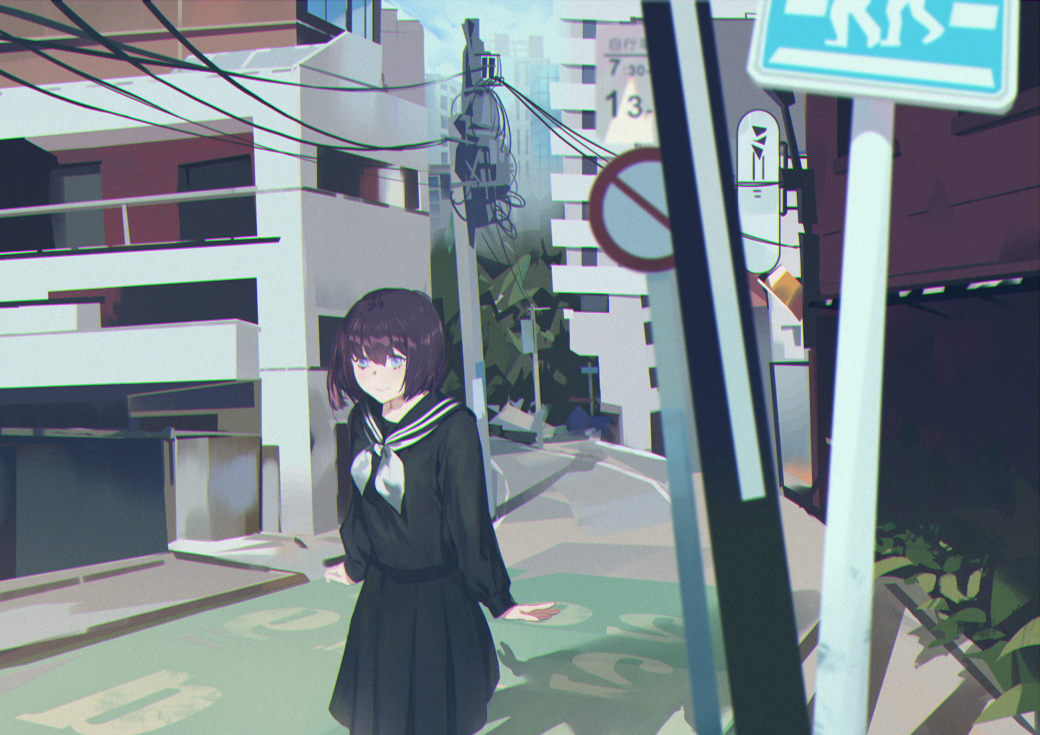 32k Wallpaper Anime schoolgirl, street, girl