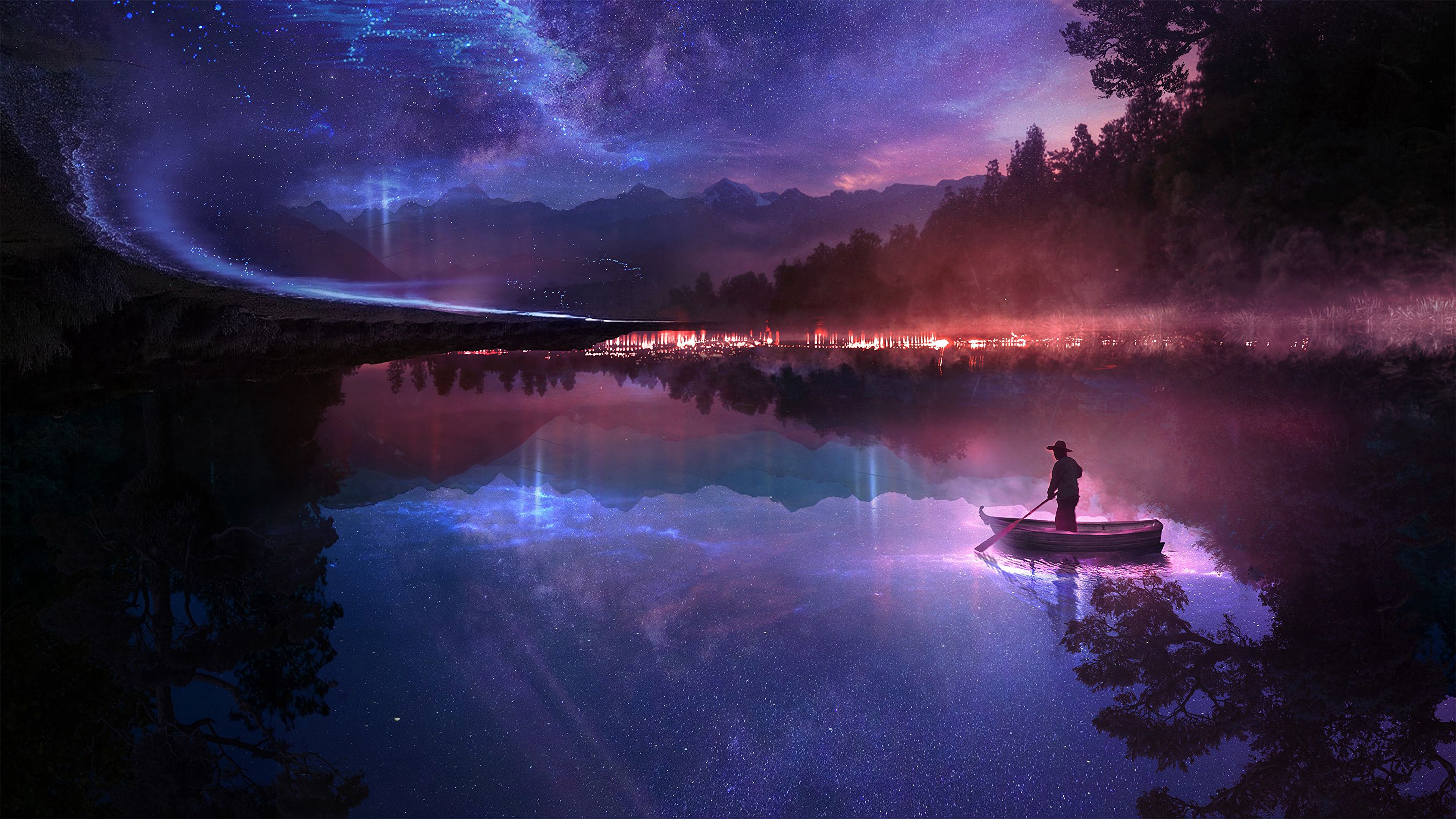 loneliness, rivers, art, night Boat HD Android Wallpapers