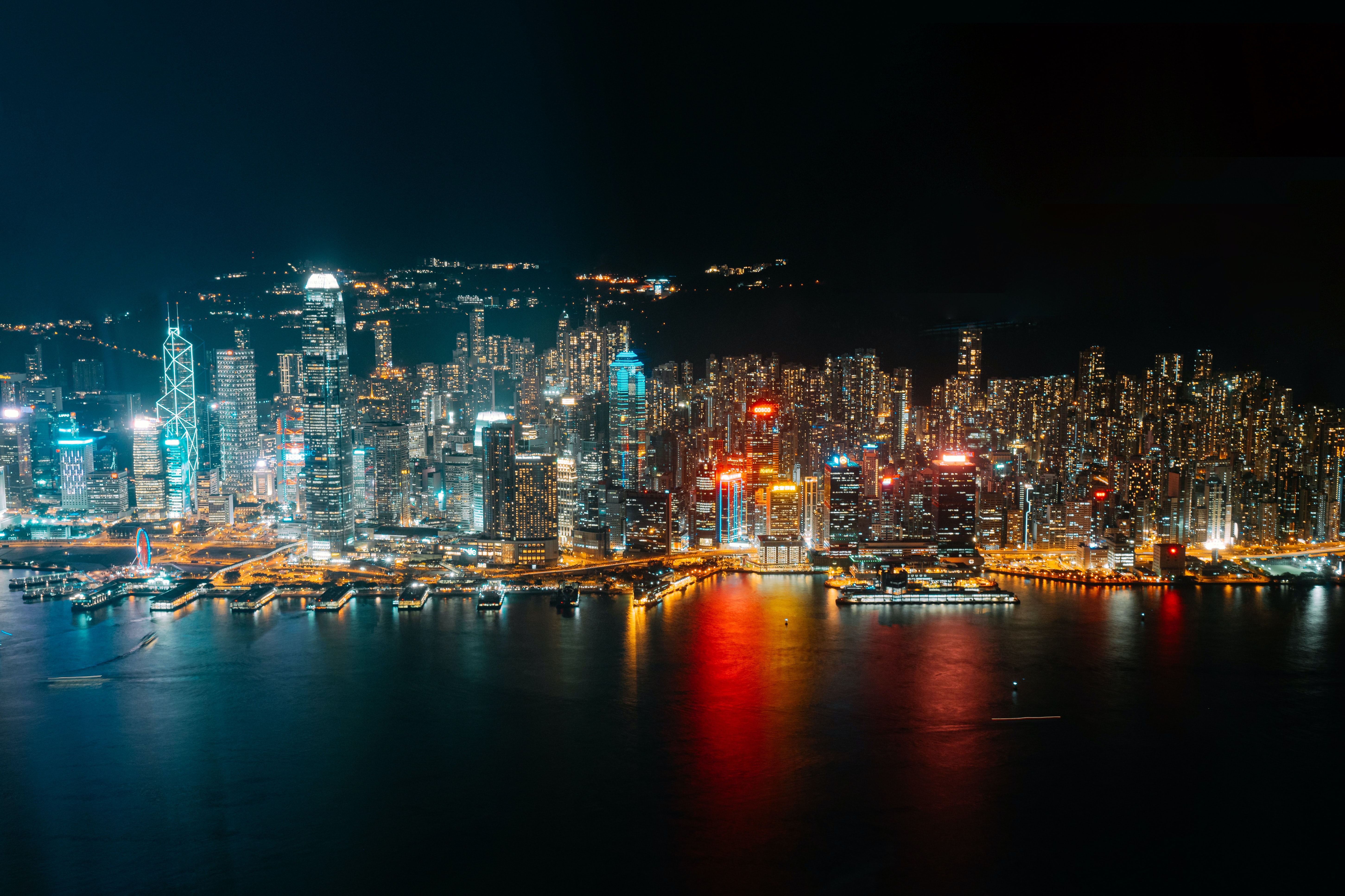 Coast night city, lights, view from above, building Free Stock Photos