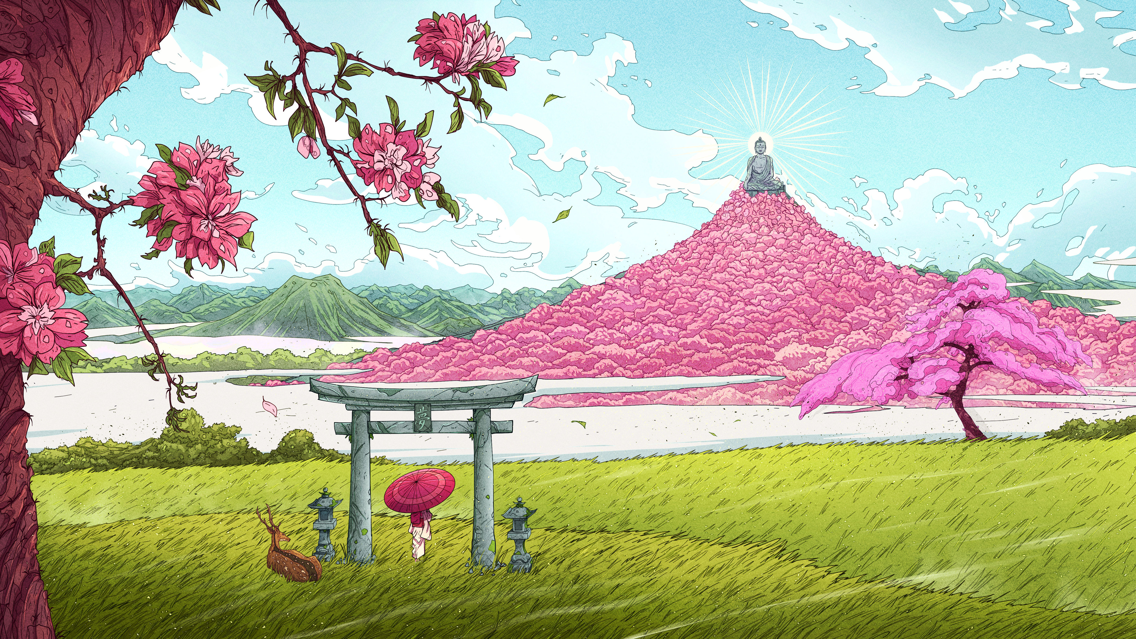 hill, statue, religious, torii, buddhist, buddha, sakura, buddhism, landscape