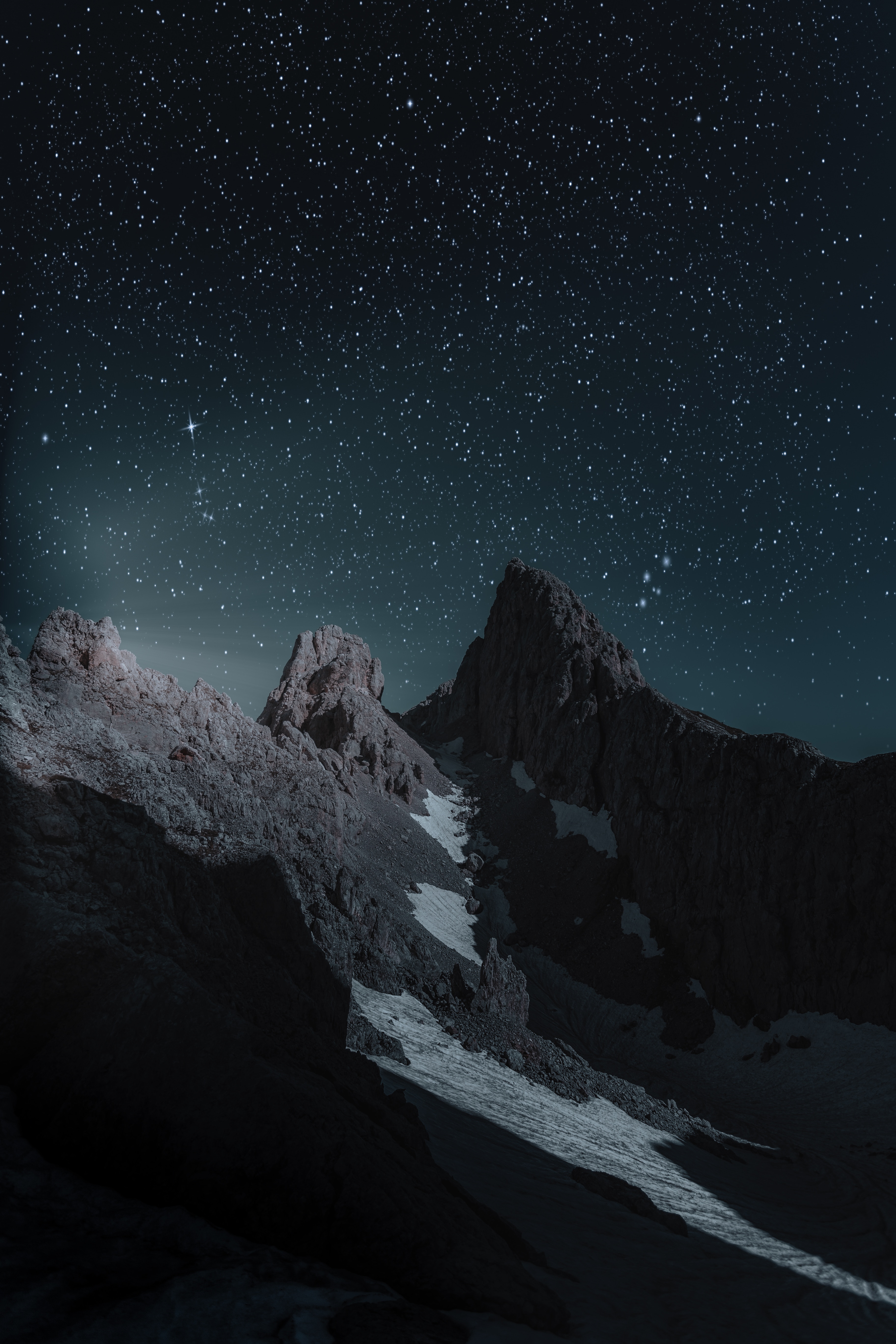 mountains, nature, night, top, vertex, starry sky, snowbound, snow covered 5K