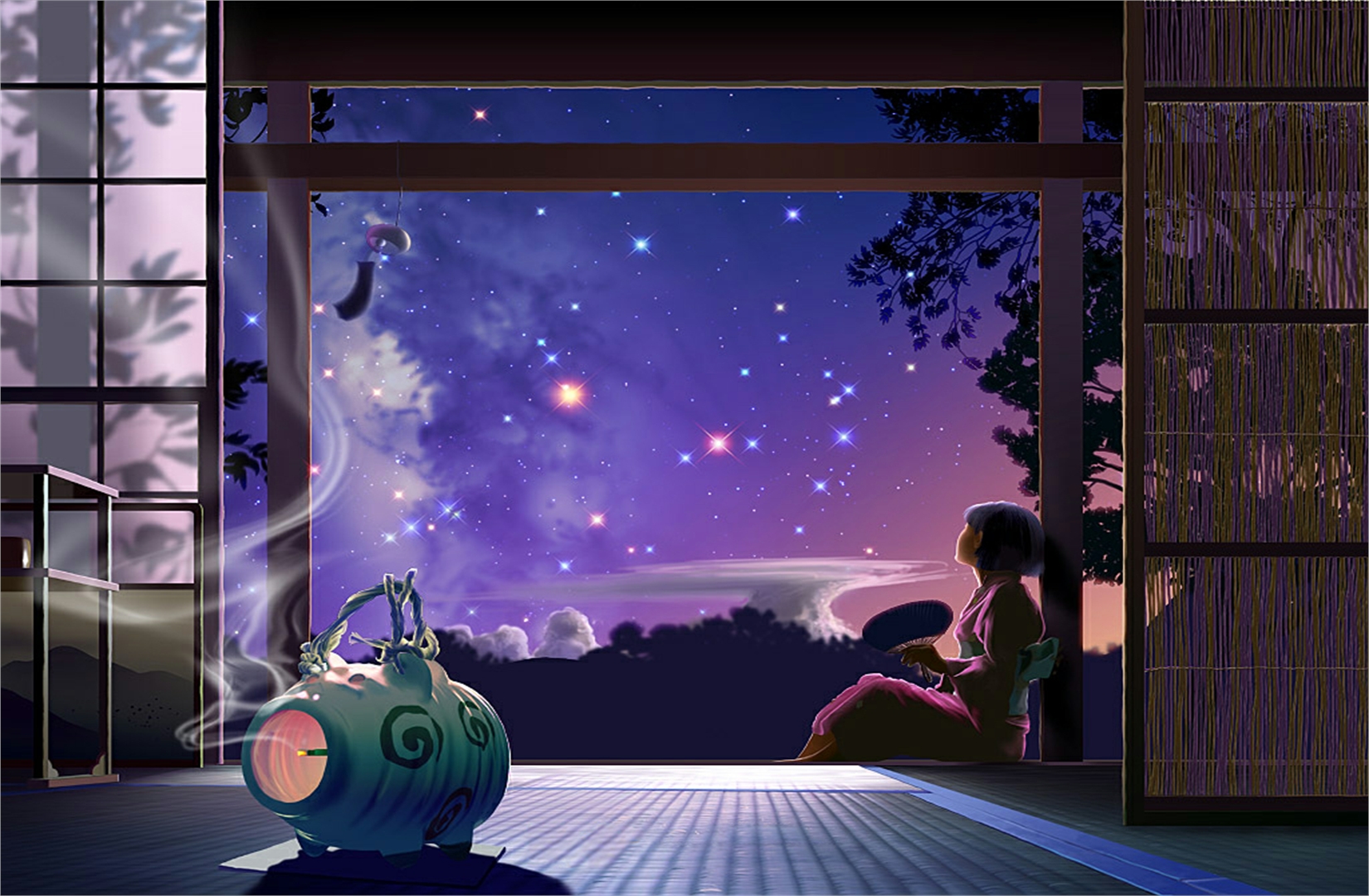 anime, original, kimono, starry sky