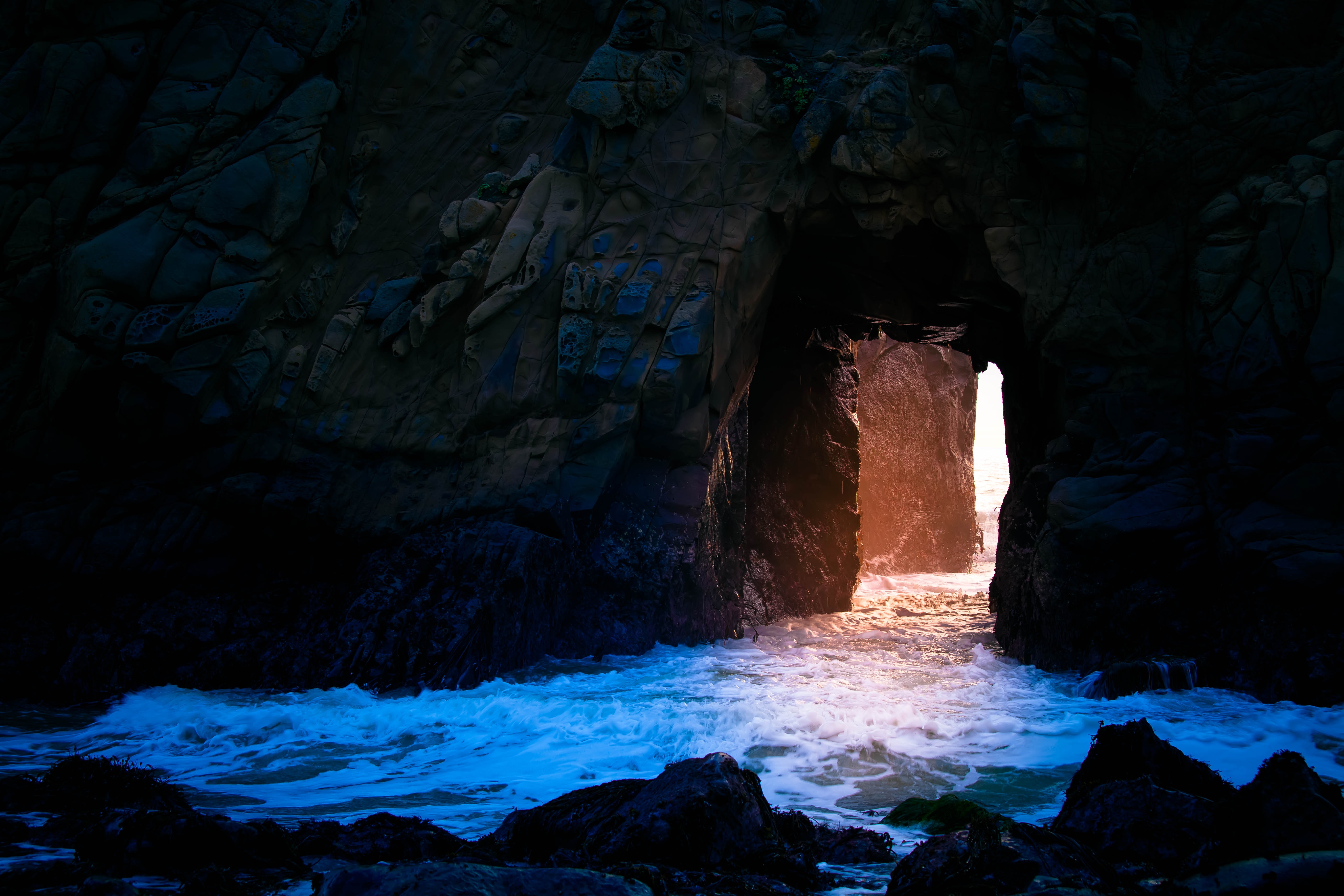 light, cave, nature, water, stones, rock, shine phone background