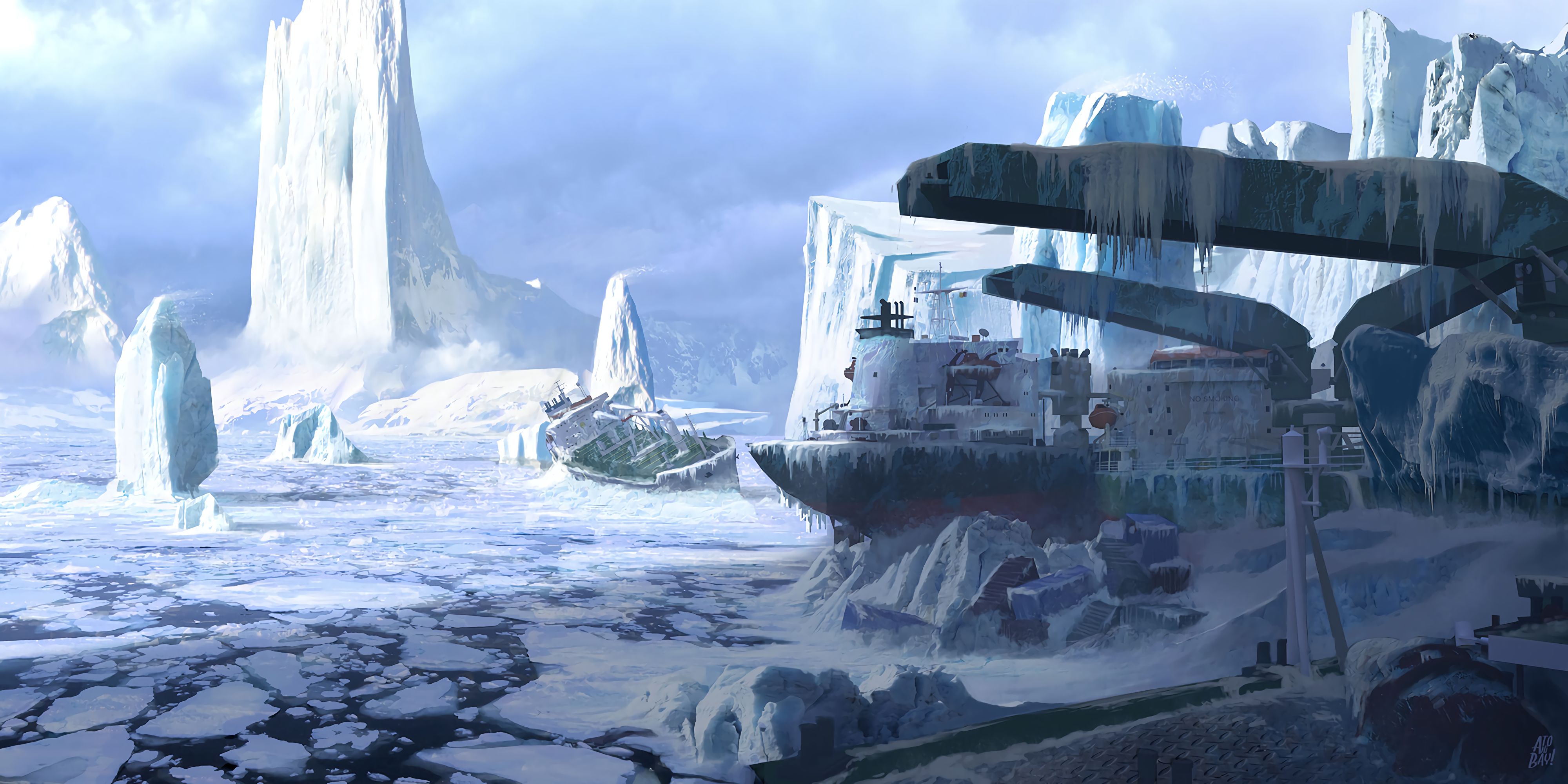 Ship ice floe, ice, frozen, art 8k Backgrounds