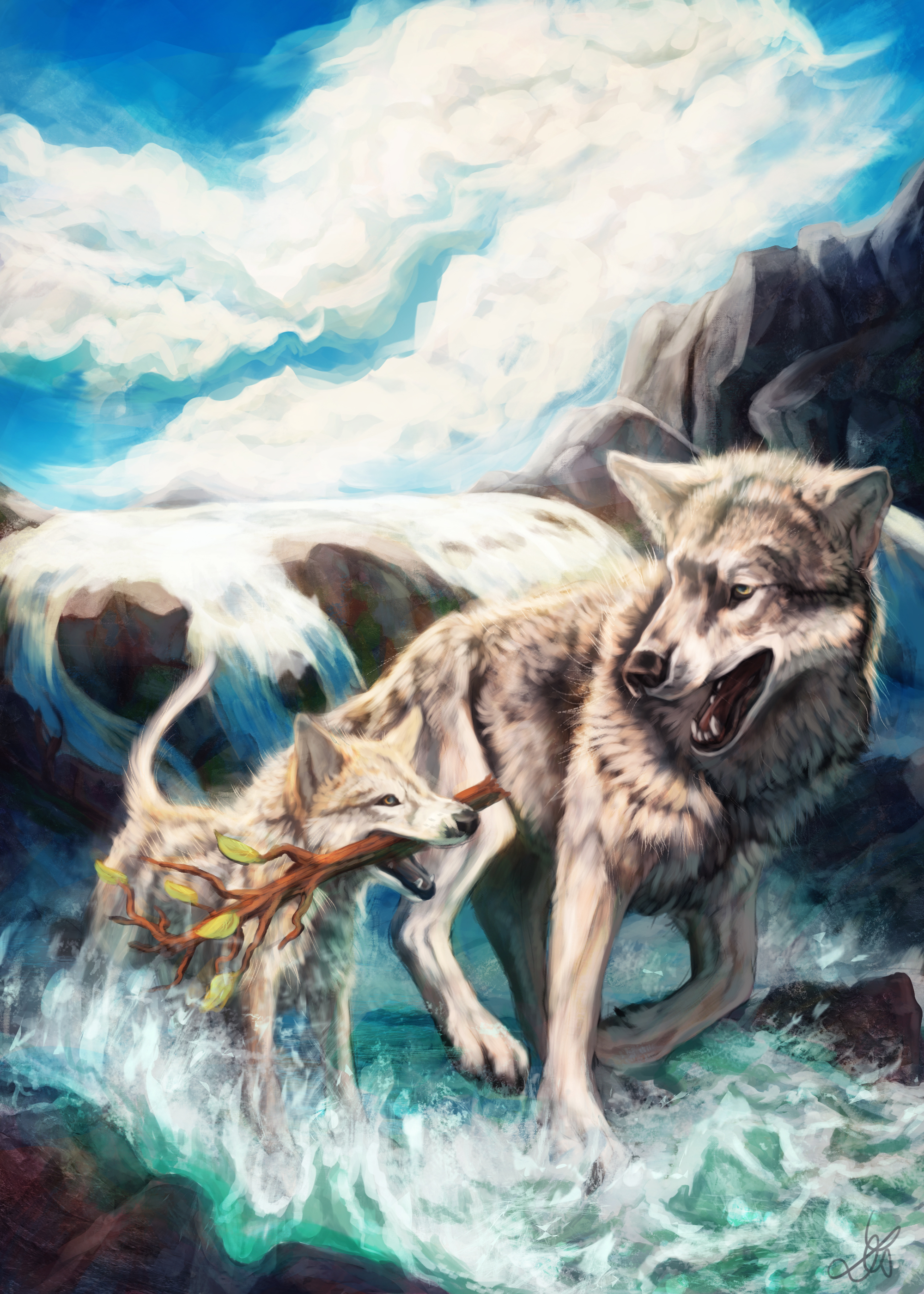 Laden Sie das Wölfe, Flüsse, Kunst, Ast, Zweig, Wilde Natur, Wildlife-Bild kostenlos auf Ihren PC-Desktop herunter