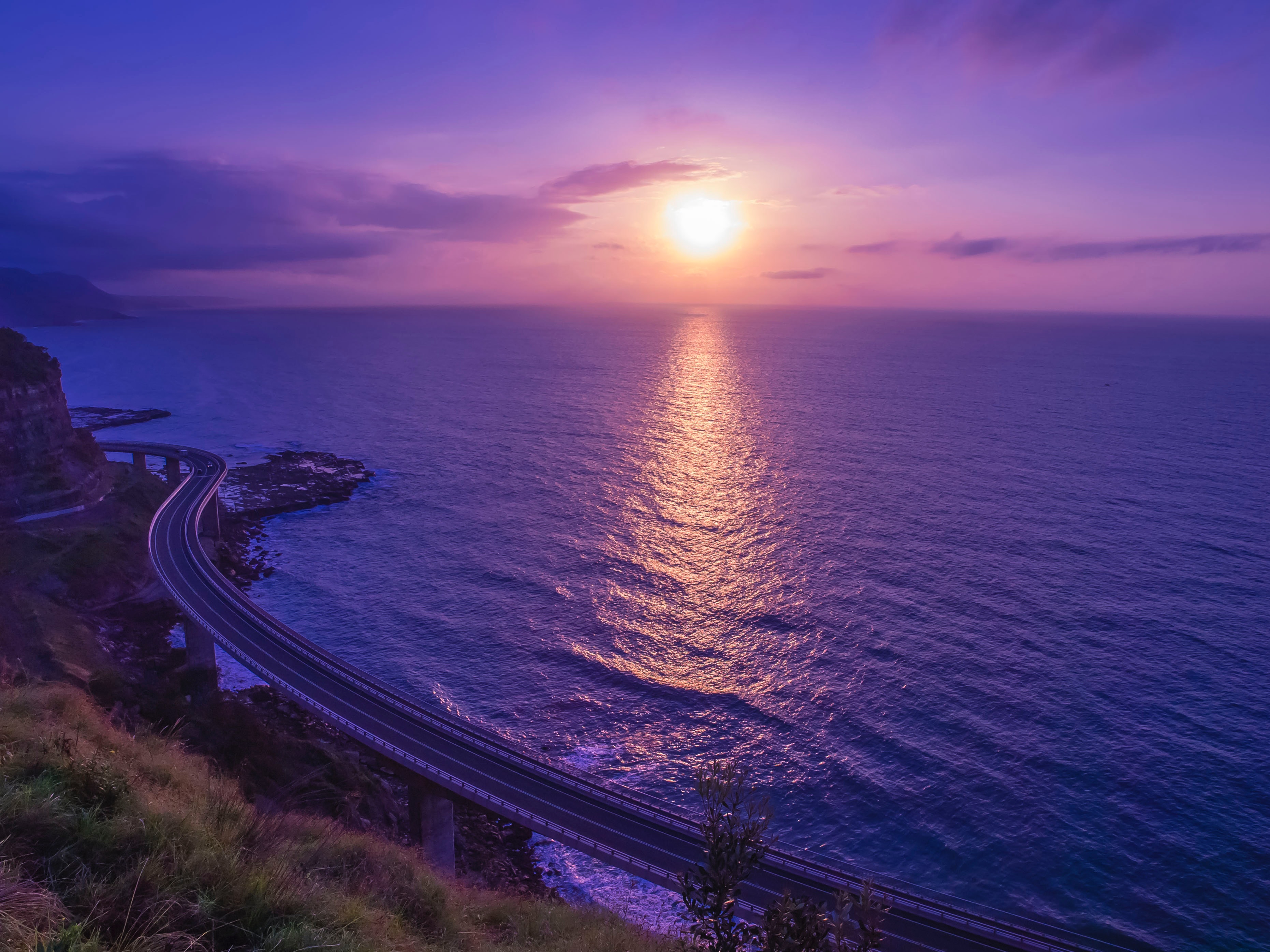 purple, sunset, nature, sea, lilac, violet, horizon, bridge download HD wallpaper