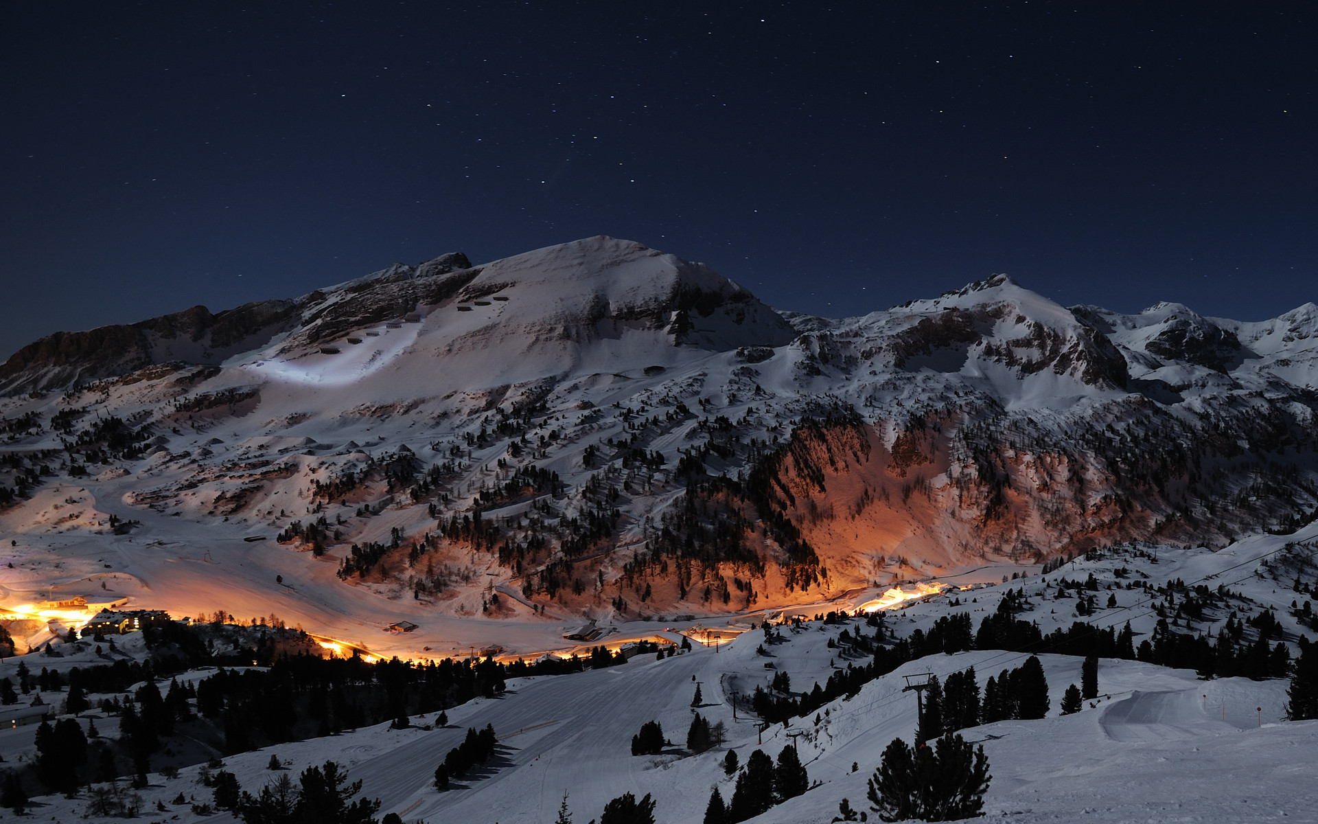 light, mountains, snow, night, earth, winter, sky, mountain, landscape, village, stars, austria 32K