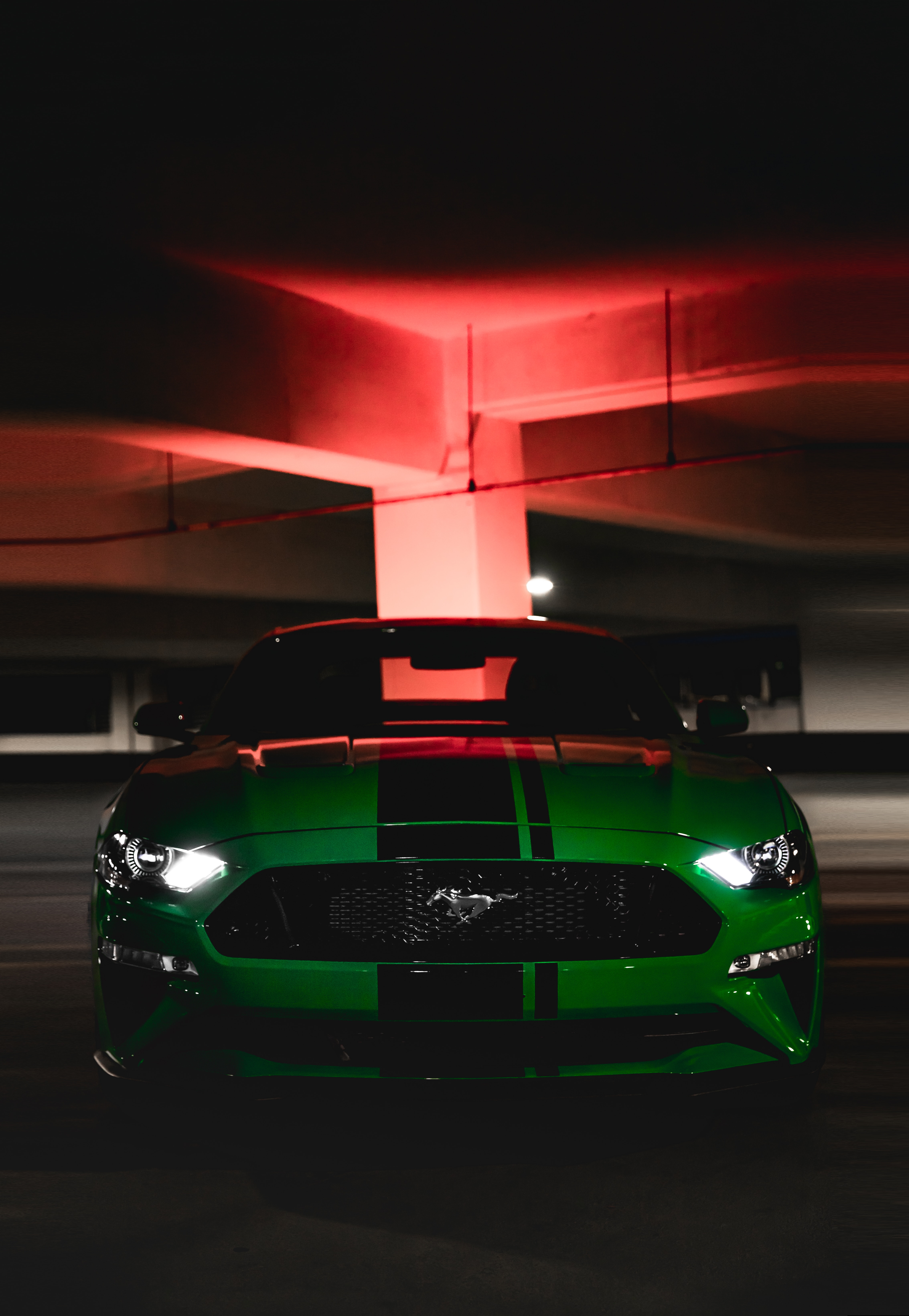 144318 Bildschirmschoner und Hintergrundbilder Ford Mustang auf Ihrem Telefon. Laden Sie auto, ford, cars, grün, dunkel, vorderansicht, frontansicht, maschine, ford mustang Bilder kostenlos herunter