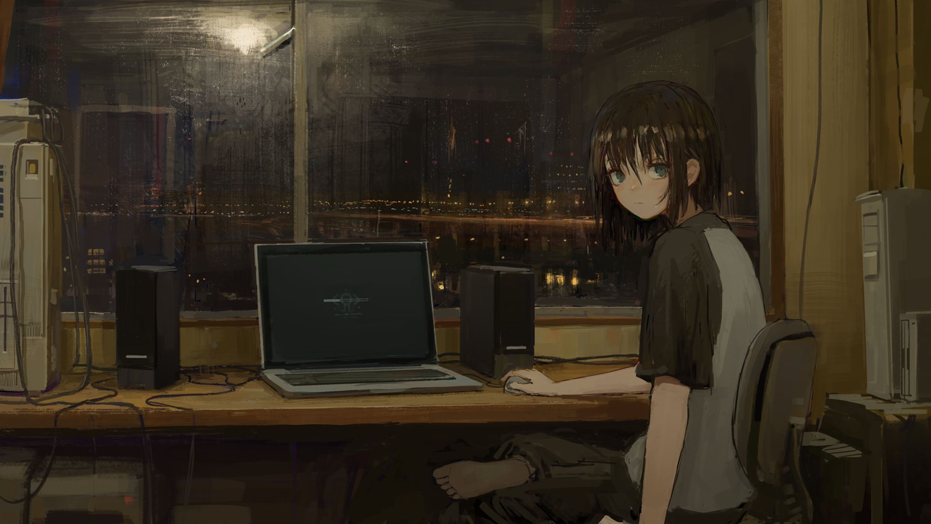 Mobile wallpaper laptop, anime, original, black hair, computer, feet, room