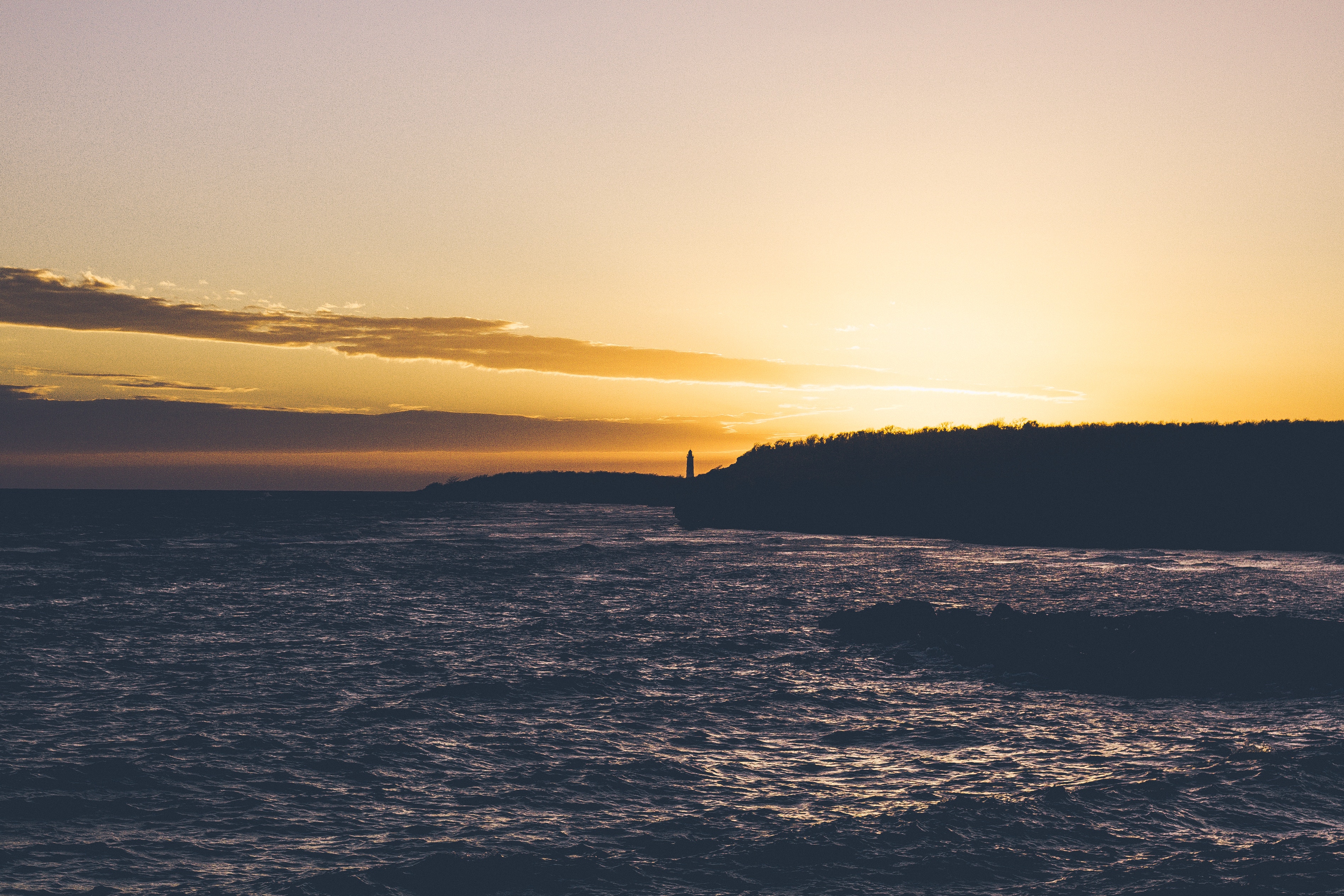 lighthouse, nature, sunset, horizon, bank, shore, bay