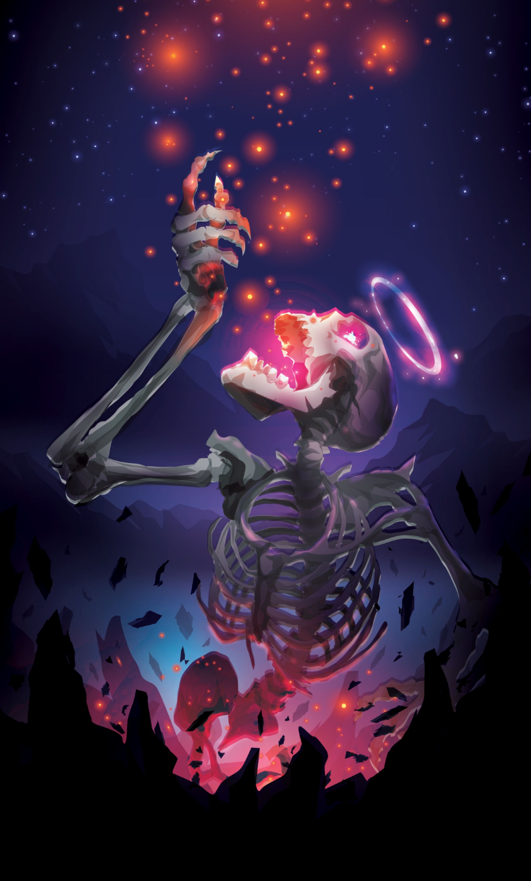 Download mobile wallpaper Skull, Skeleton, Art, Stars, Shine, Brilliance for free.