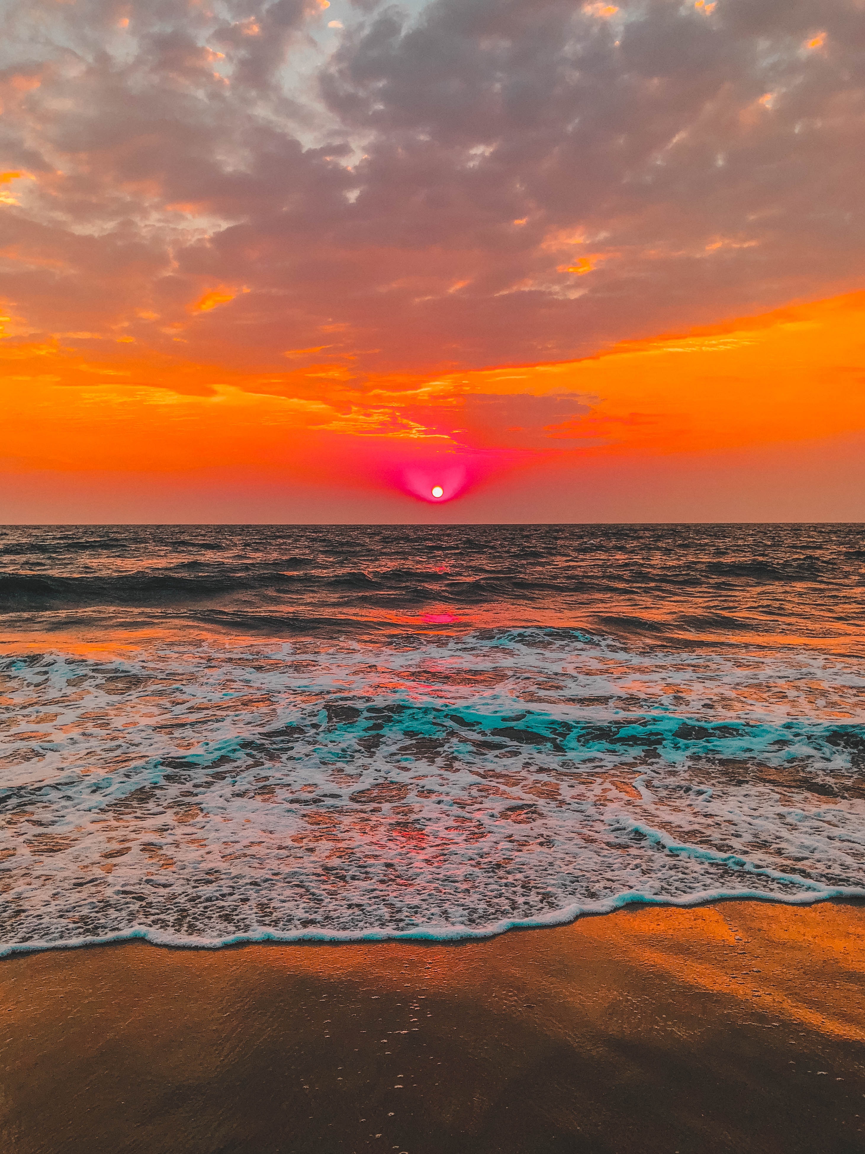 sunset, surf, nature, sky, horizon, foam phone background