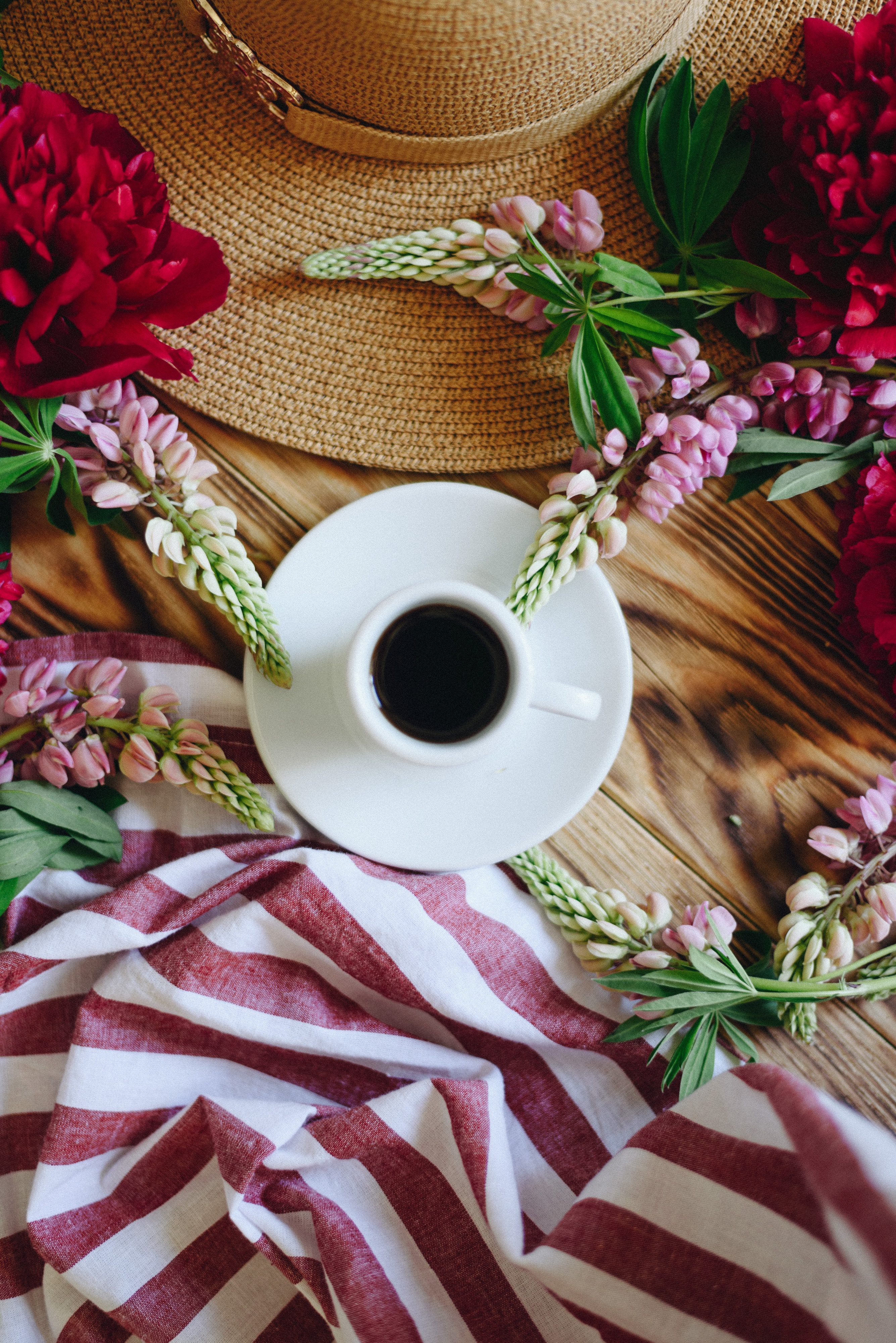 cup, flowers, food, table, hat