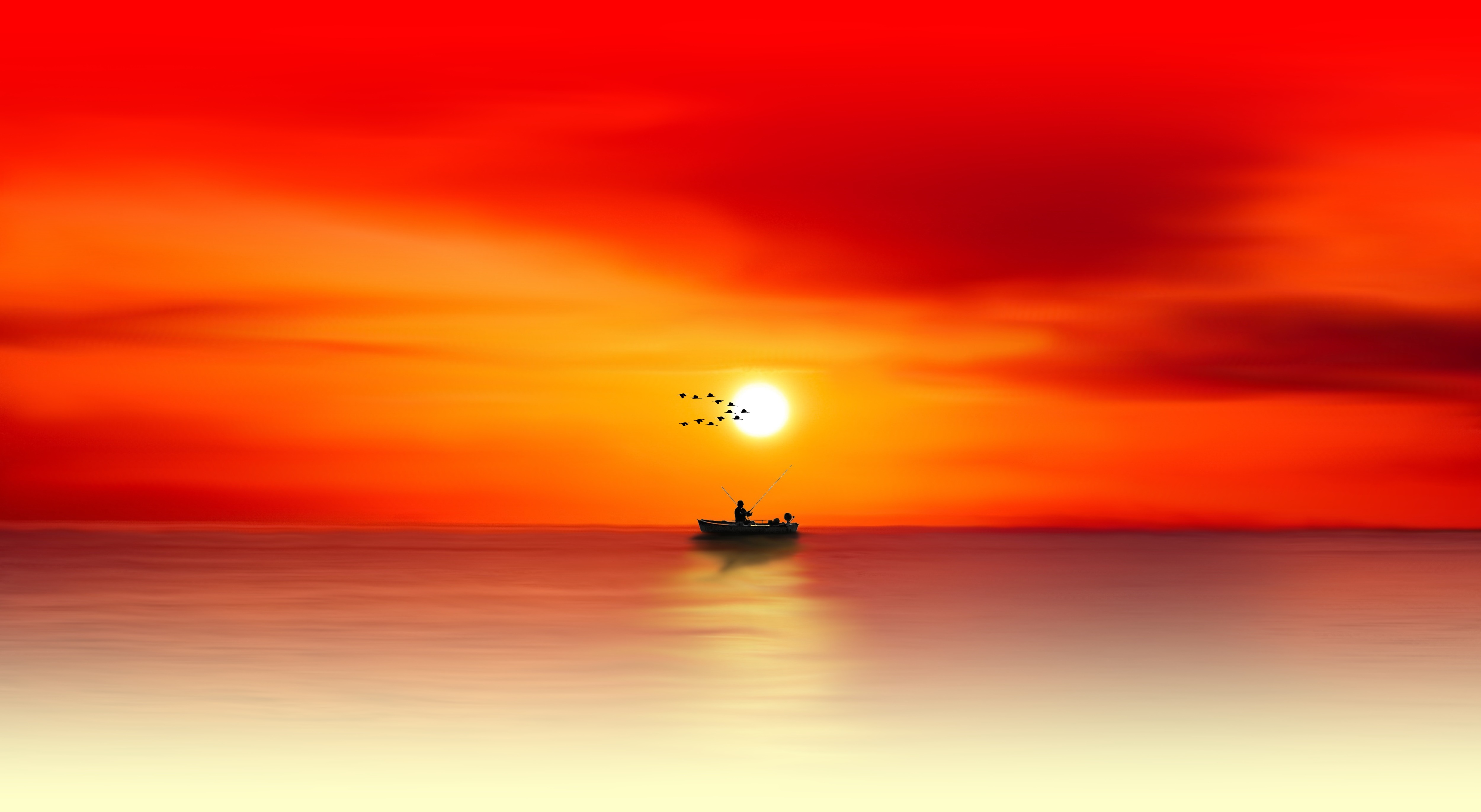 vector, fishing, sea, dawn, silhouette, fisherman, angler