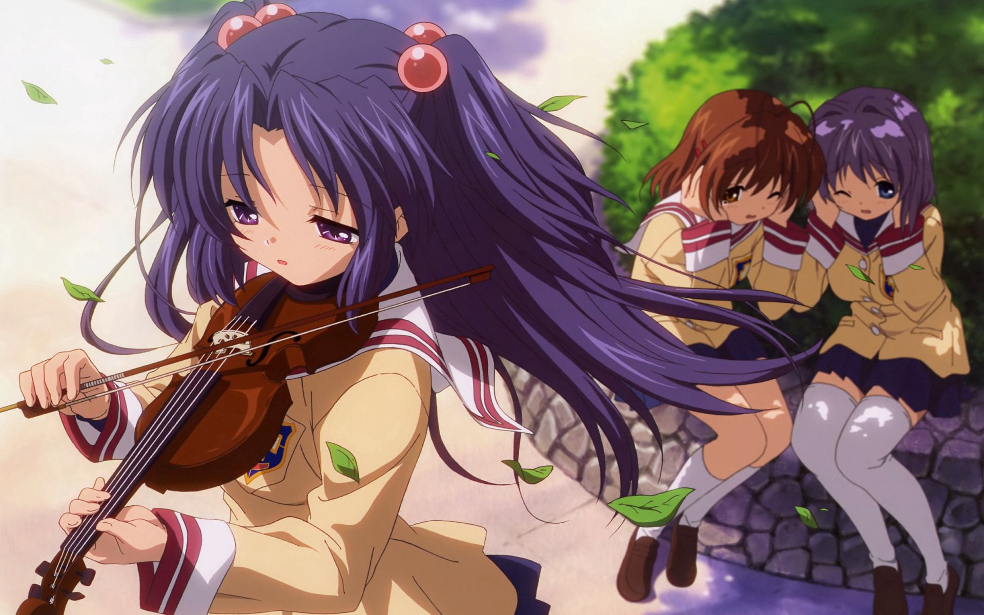 Girls foliage, violin, park, anime 4k Wallpaper