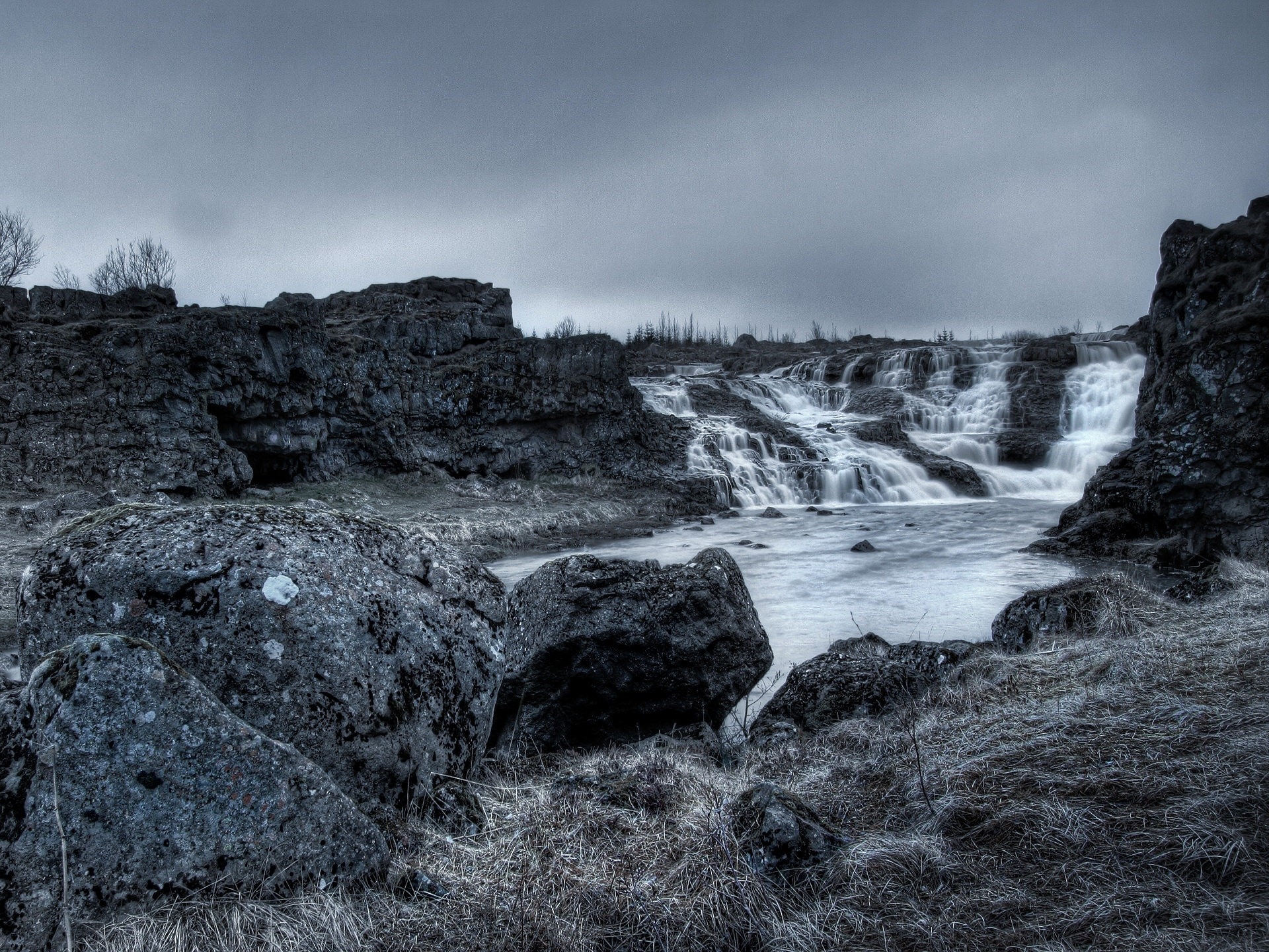 nature, grass, stones, waterfall, withered, it's a sly, gloomy, grayness, greyness, porous