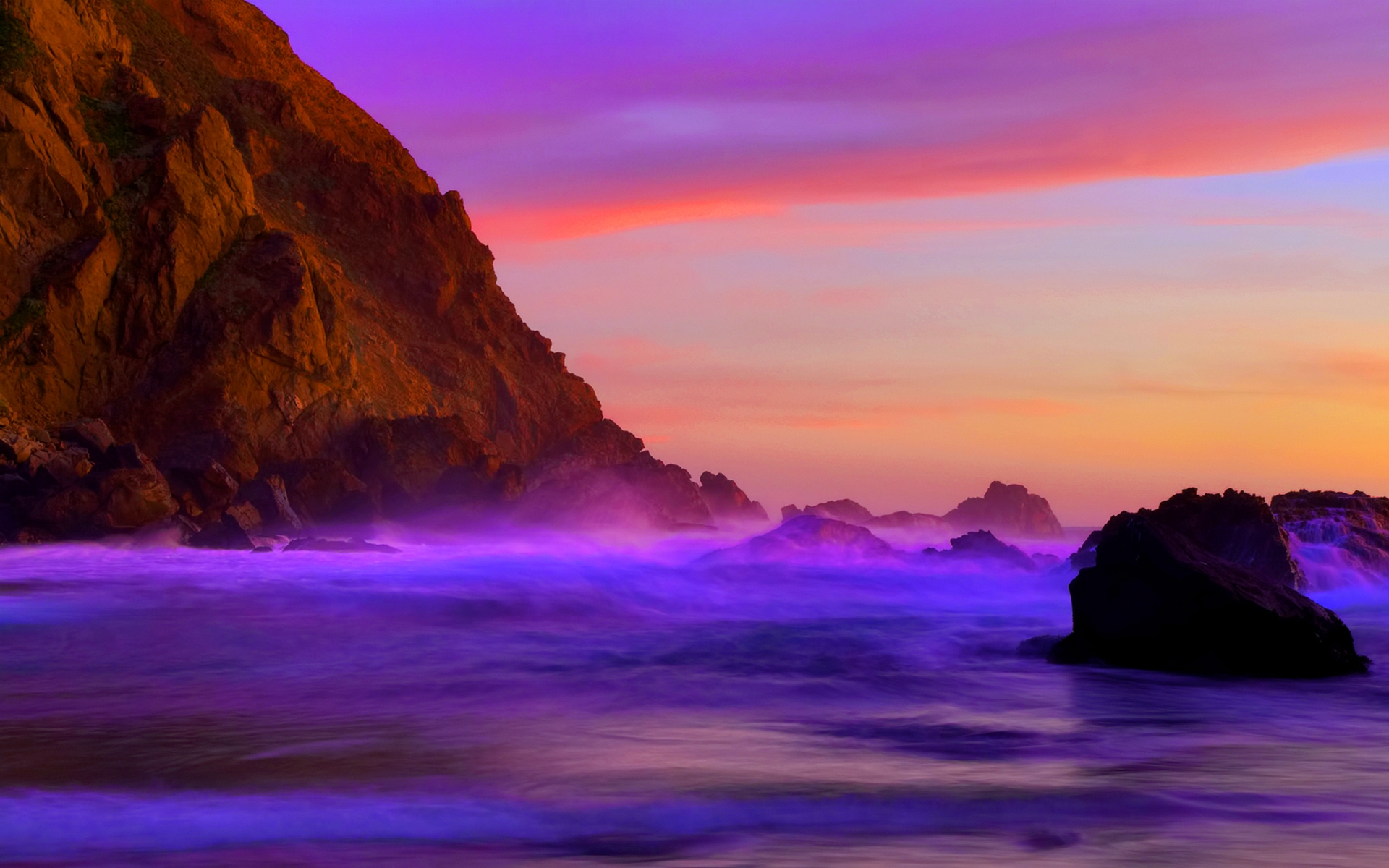 purple, shore, sea, coastline, earth, ocean, cliff, scenic, shoreline 8K