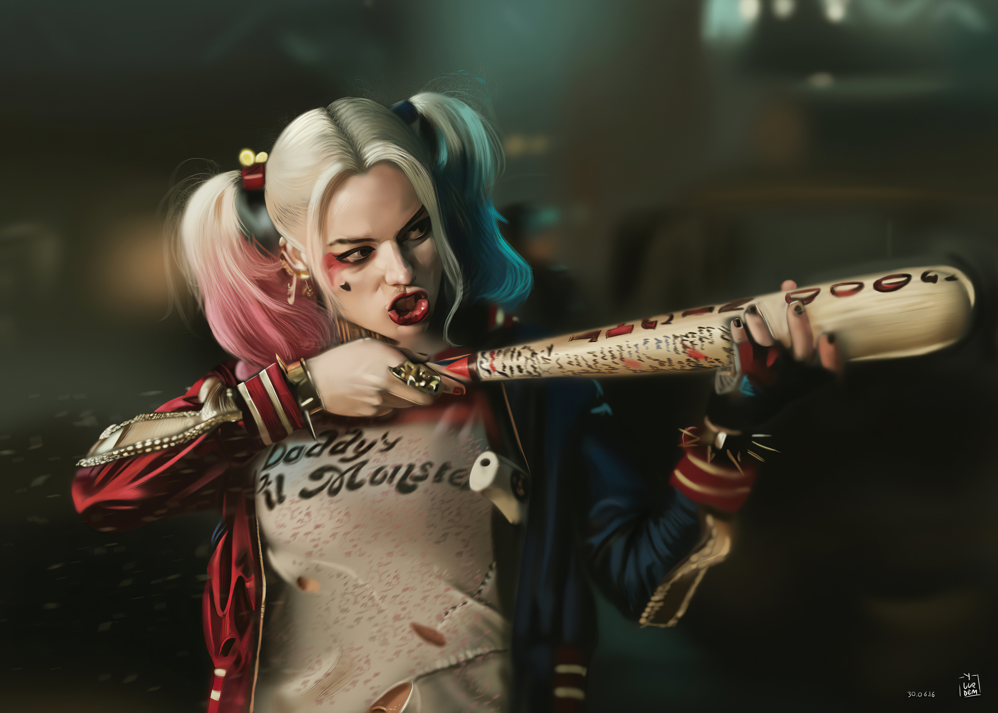 face, movie, white hair, harley quinn, suicide squad, dc comics, margot robbie, twintails, two toned hair