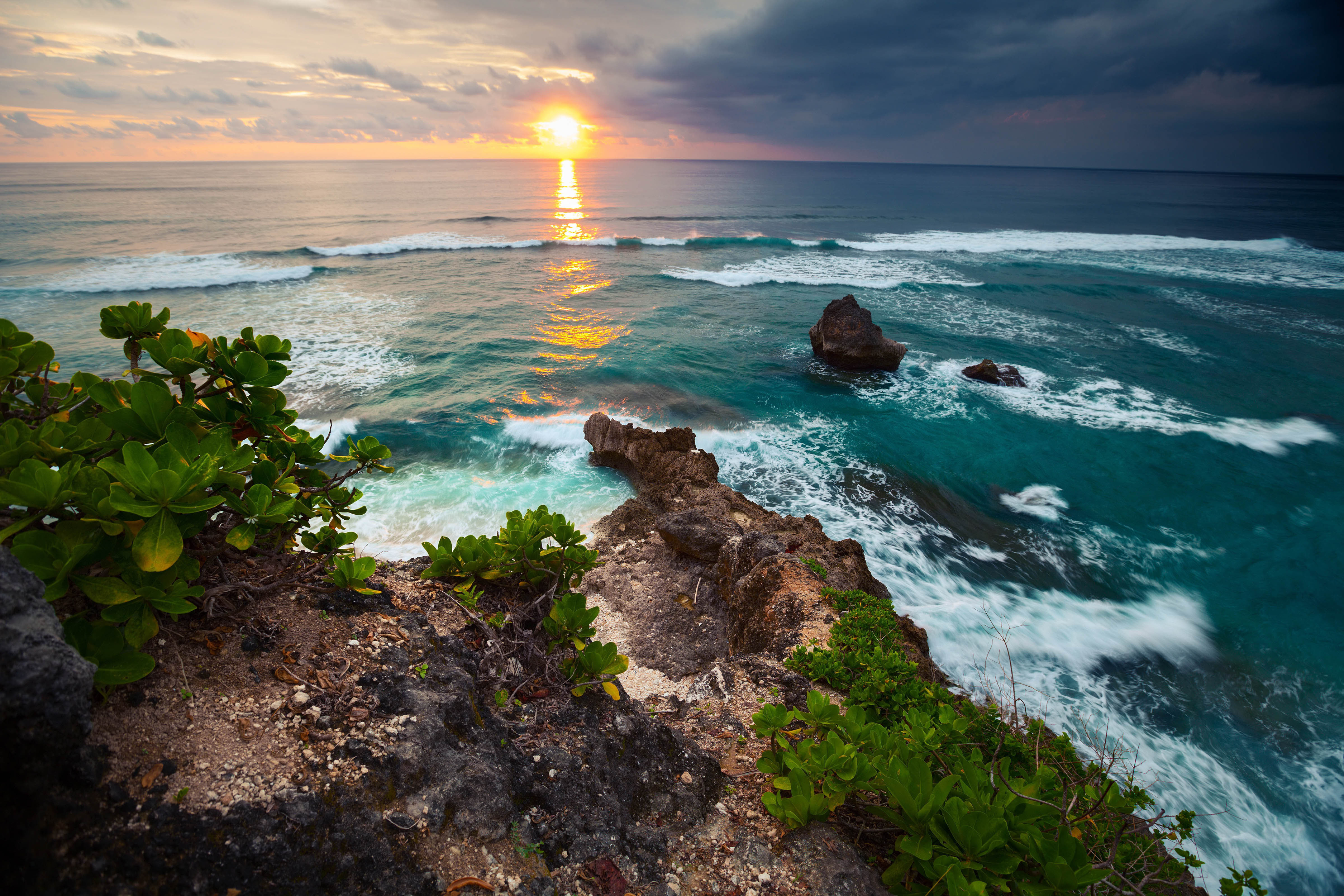 Mobile wallpaper sea, coastline, sunset, indonesia, earth, ocean, horizon