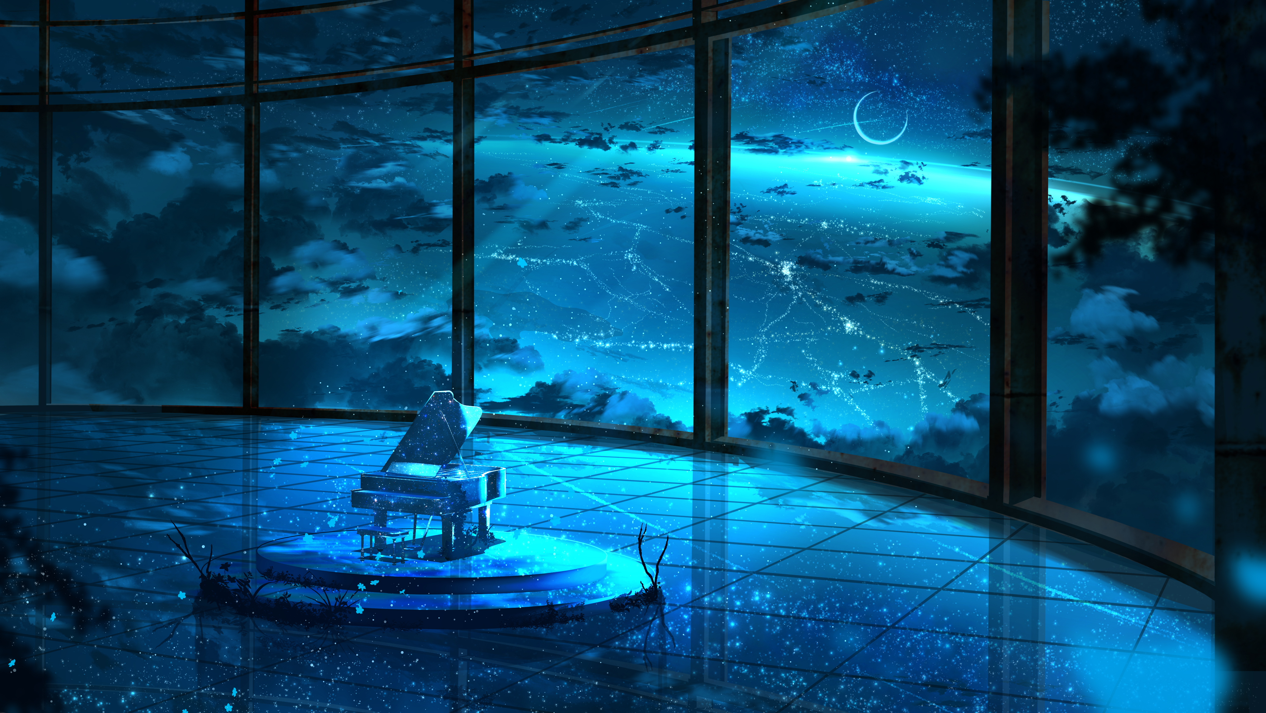 musical instrument, art, piano, room, particles, grand piano