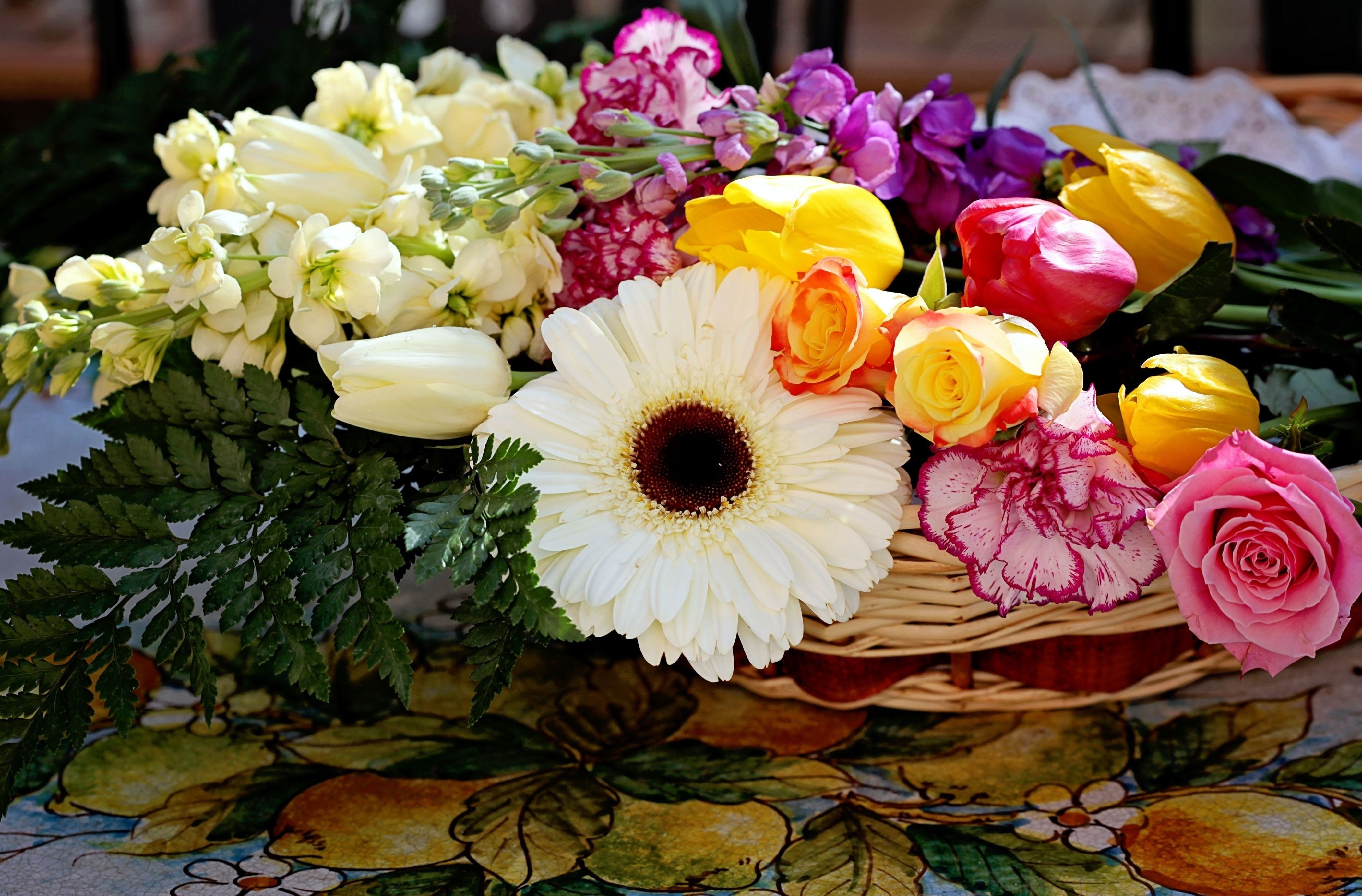 Laden Sie das Blumen, Roses, Tulpen, Nelken, Gerbera, Korb, Komposition, Zusammensetzung-Bild kostenlos auf Ihren PC-Desktop herunter