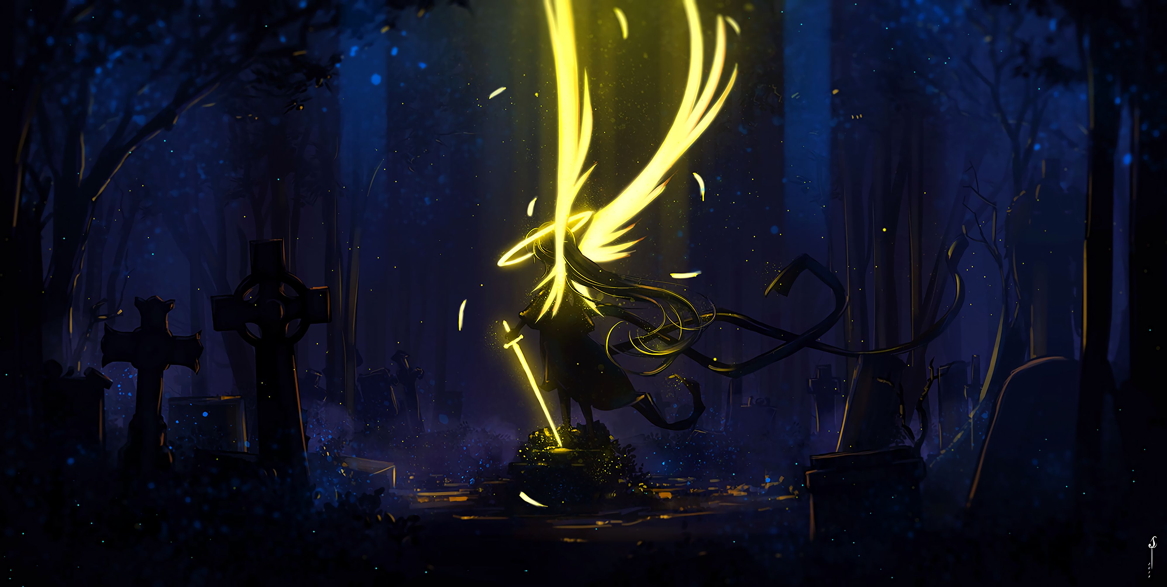 128758 download wallpaper wings, yellow, art, dark, angel, sword screensavers and pictures for free