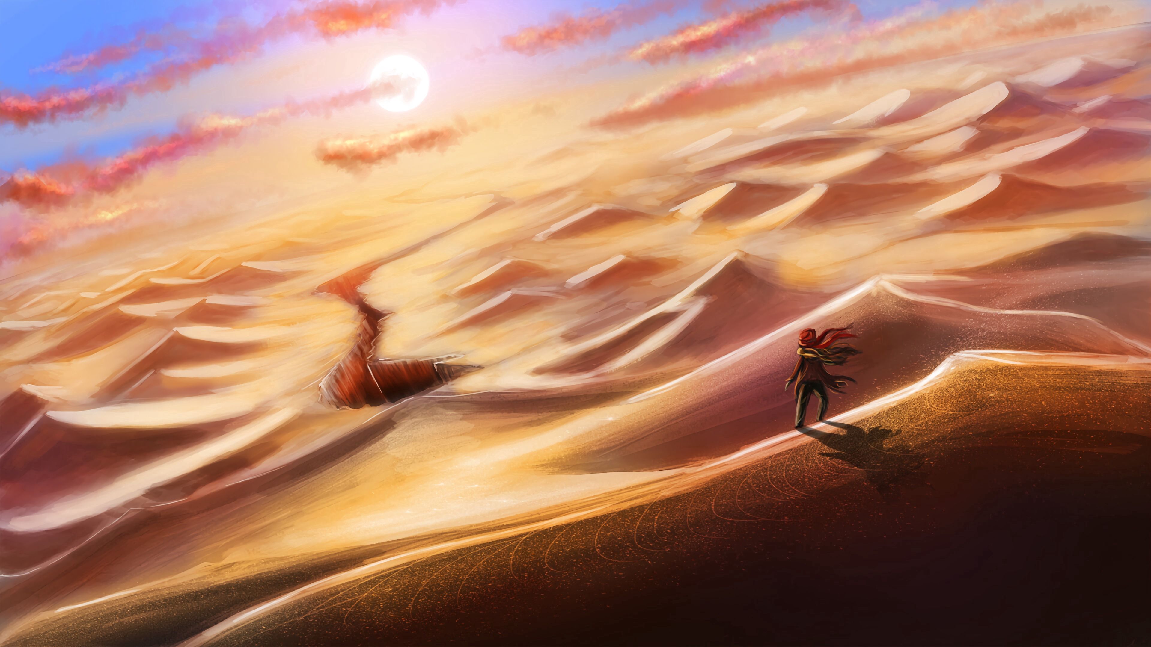 dunes, silhouette, desert, art Full HD