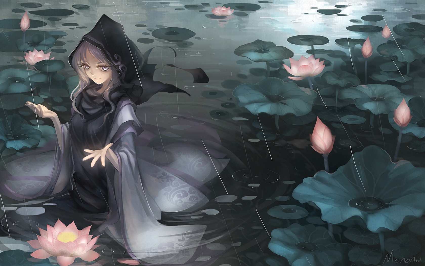 lotus, water, anime, touhou, ichirin kumoi, rain
