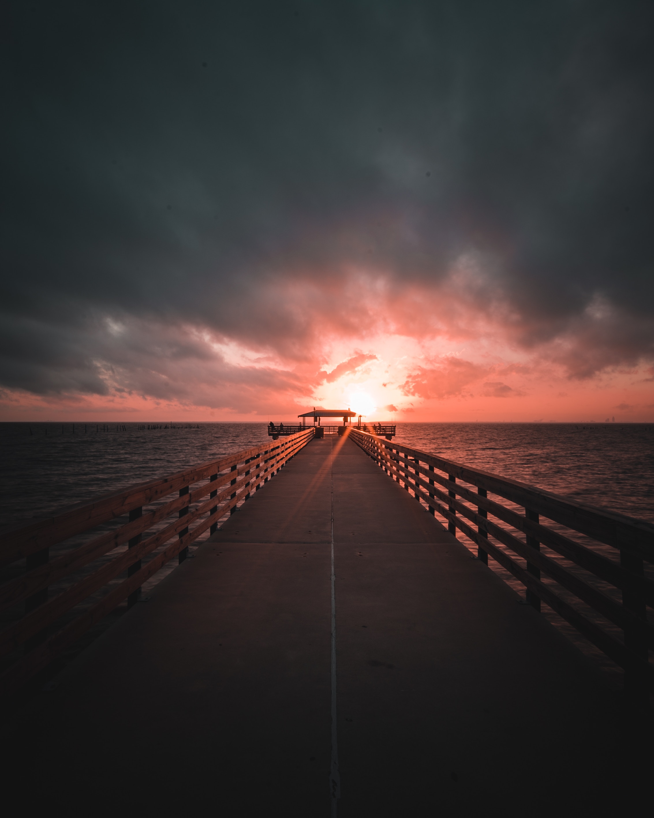 pier, sunset, horizon, mainly cloudy, nature, sea, overcast HD wallpaper