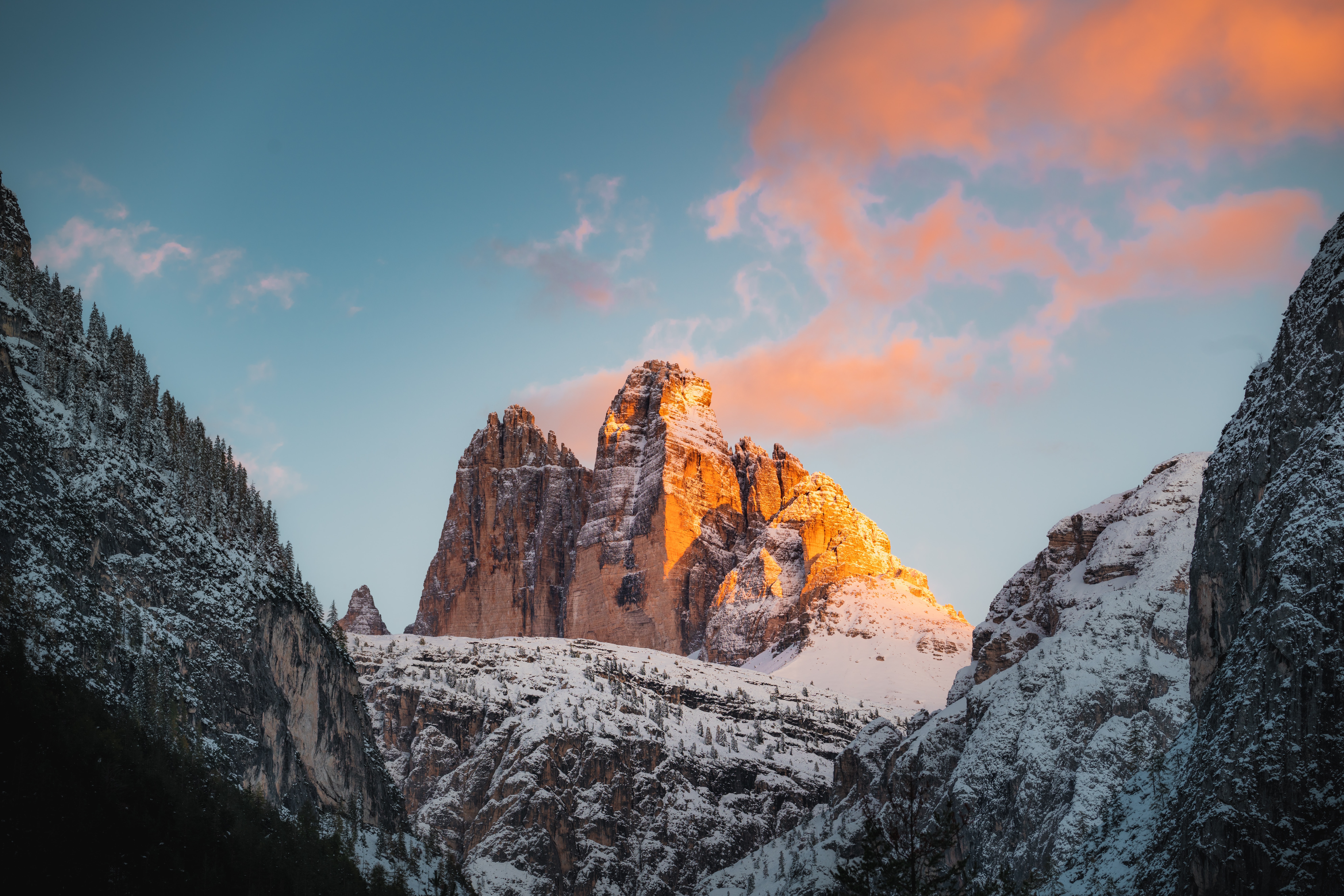 mountain, winter, nature, sunset, snow, rock 2160p