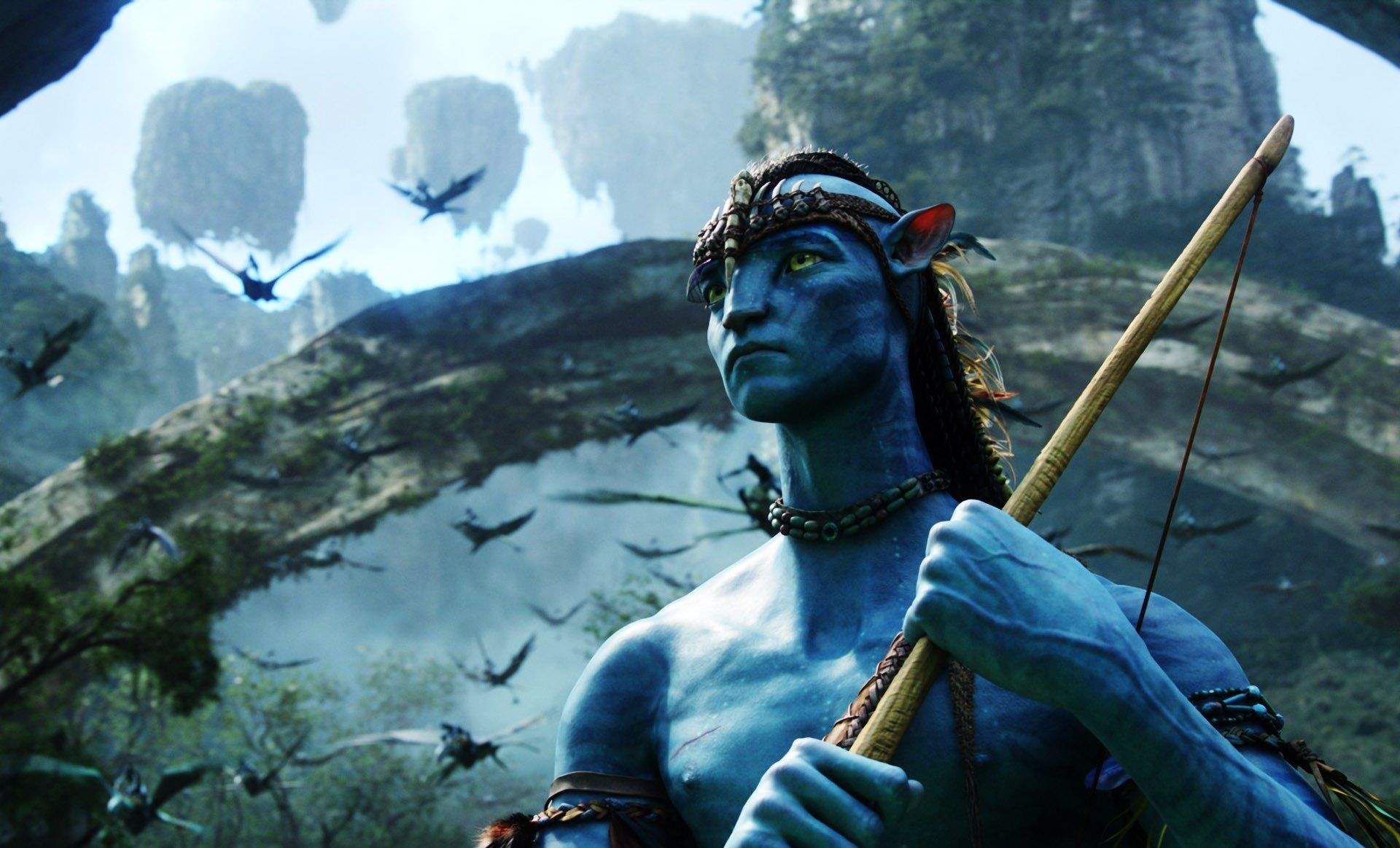 avatar, jake sully, movie, bow, brown hair, floating island, long hair, necklace, pointed ears, weapon, yellow eyes