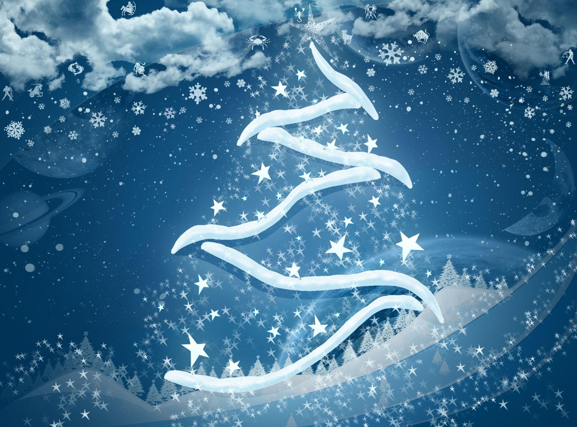 87512 Hintergrundbild herunterladen weihnachtsbaum, feiertage, planets, sterne, clouds, schneeflocken, sternzeichen, zeichen des tierkreises - Bildschirmschoner und Bilder kostenlos