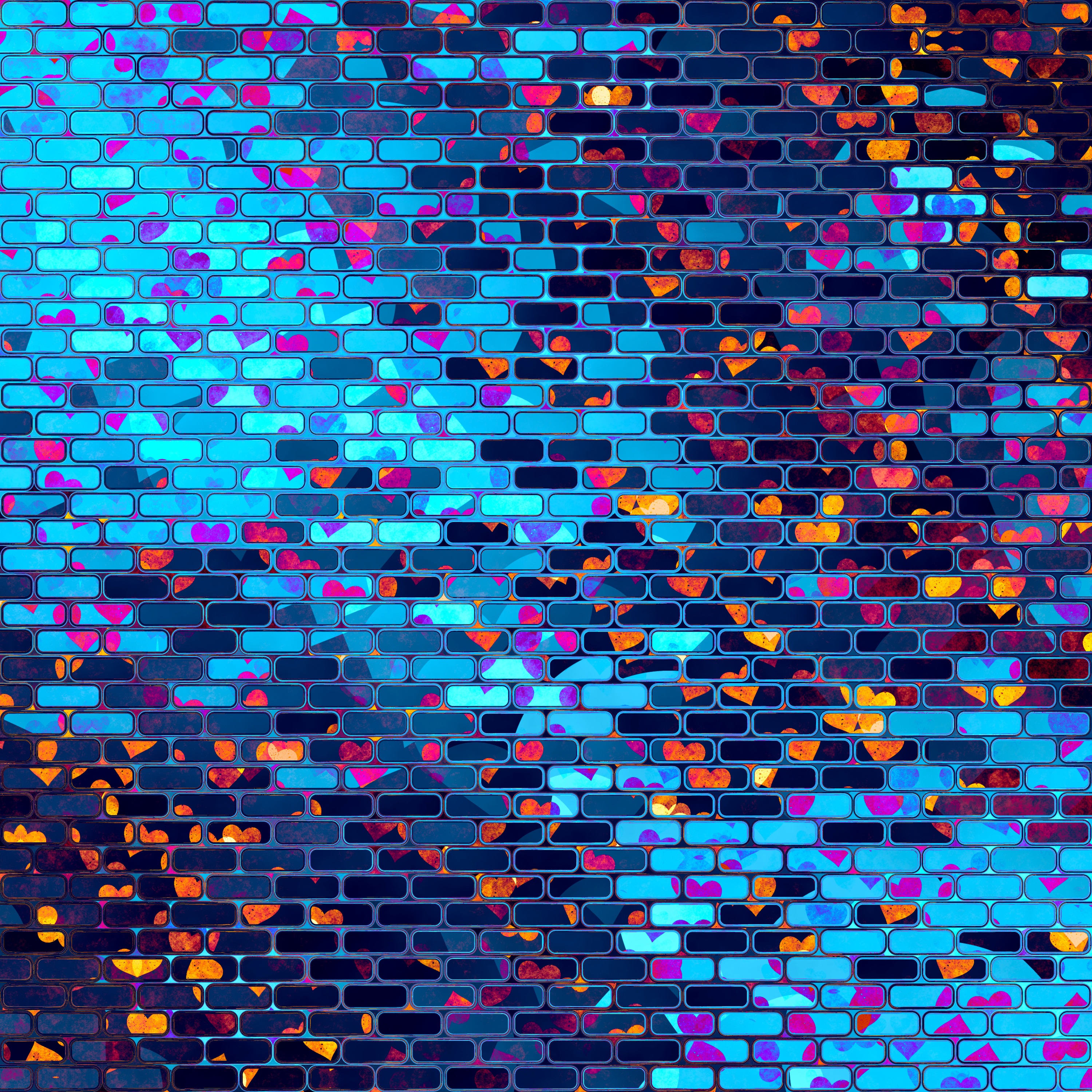 Download Phone wallpaper brick, multicolored, hearts, wall