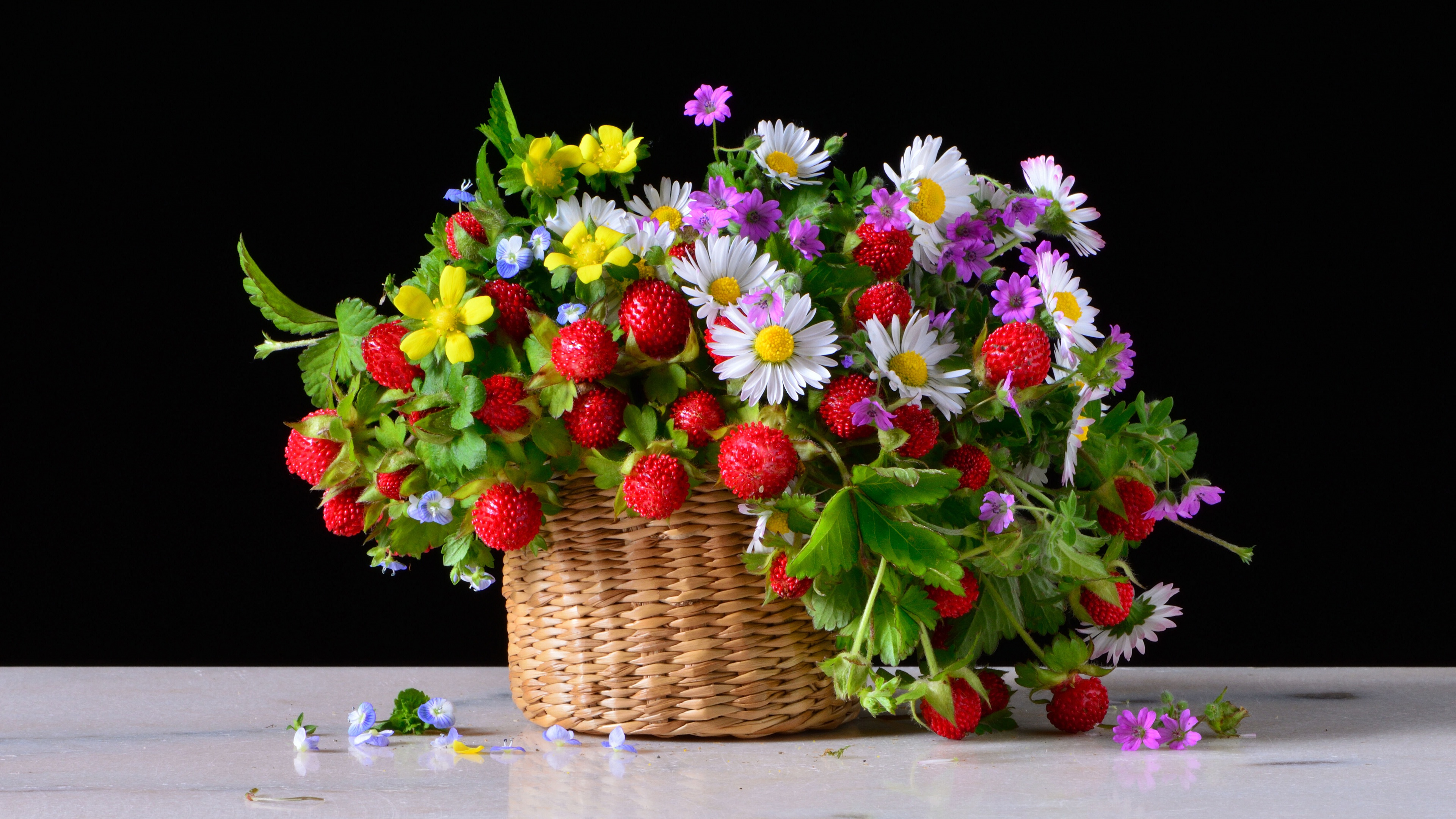 food, strawberry, basket, chamomile, still life, berry, bouquet, flower UHD