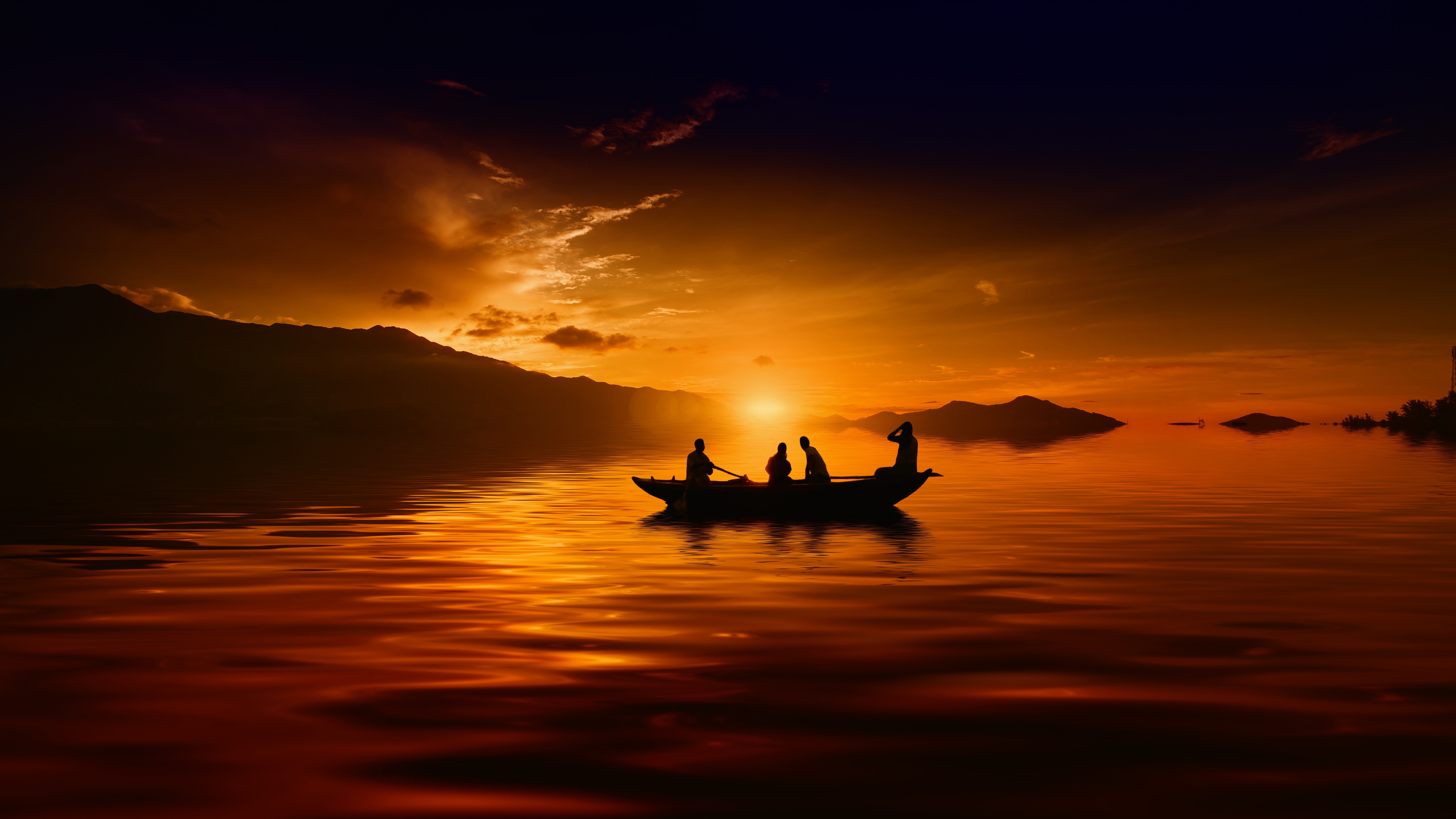 vehicles, canoe, lake, silhouette, sunset