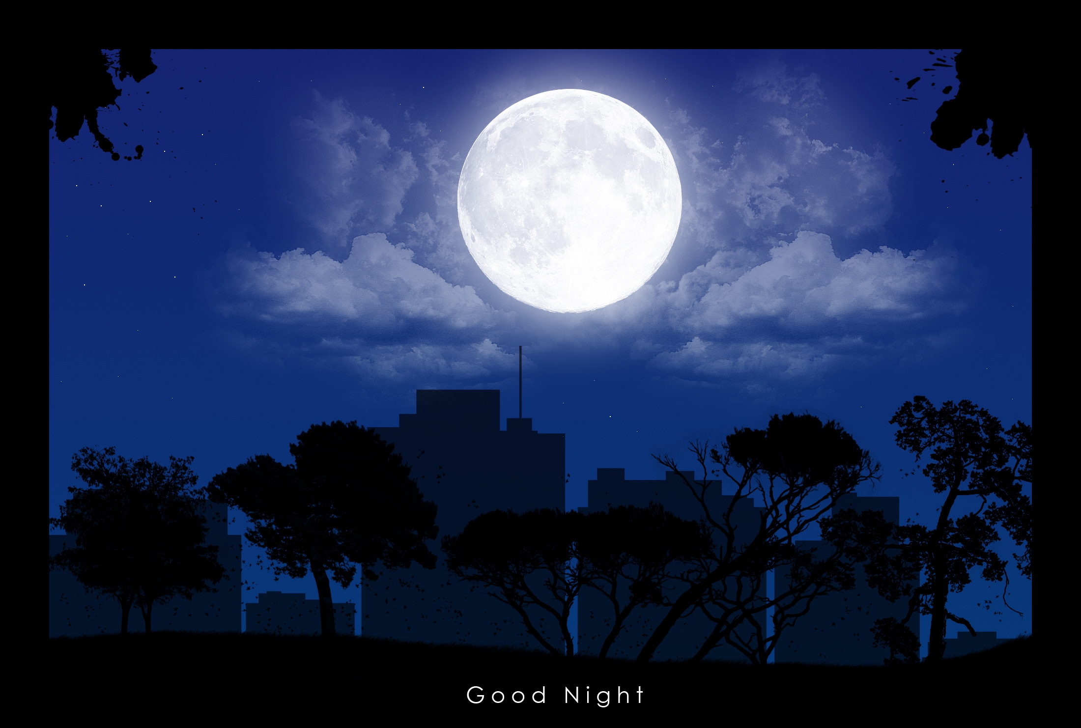 trees, moon, night, building Vector Full HD Wallpaper