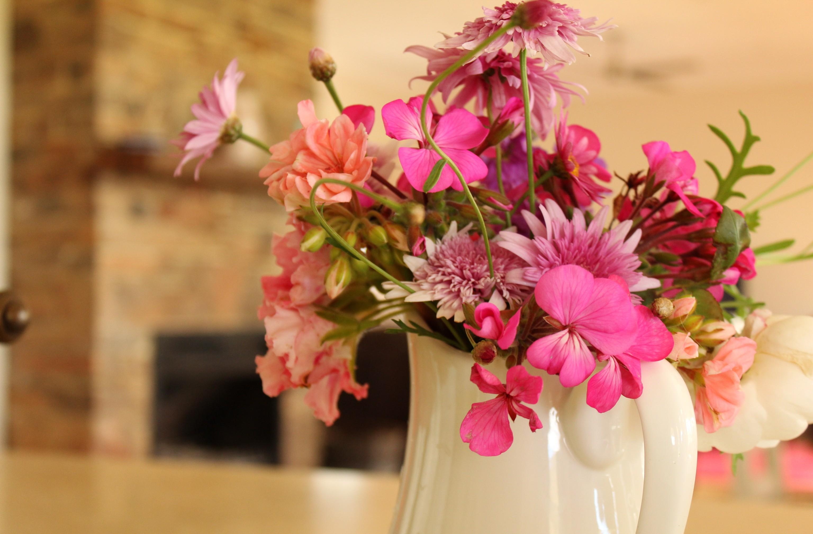 Laden Sie das Blumen, Chrysantheme, Gerbera, Nahaufnahme, Strauß, Bouquet, Krug, Nahansicht-Bild kostenlos auf Ihren PC-Desktop herunter