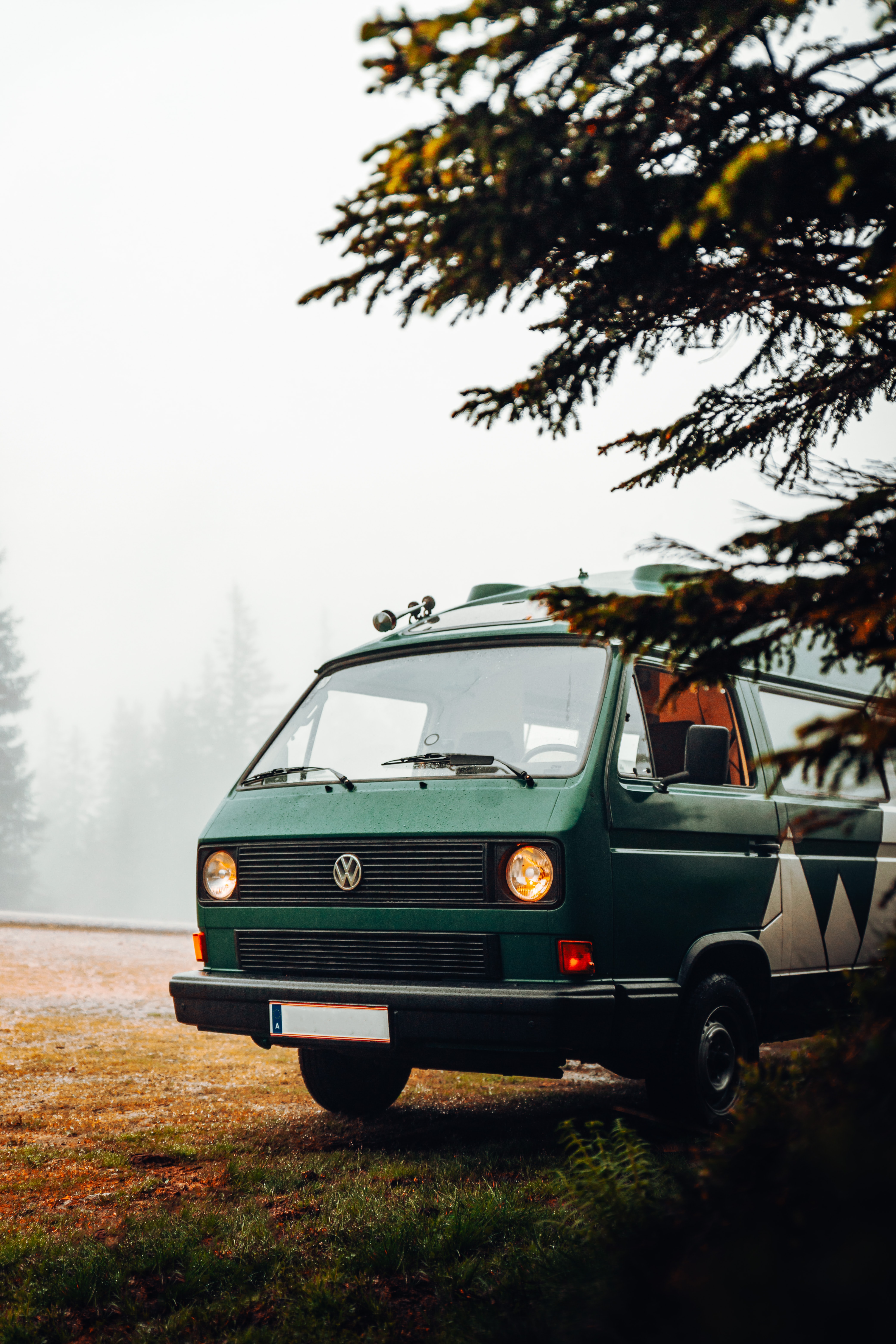 81057 download wallpaper nature, volkswagen, cars, green, fog, car, camping, campsite, van screensavers and pictures for free