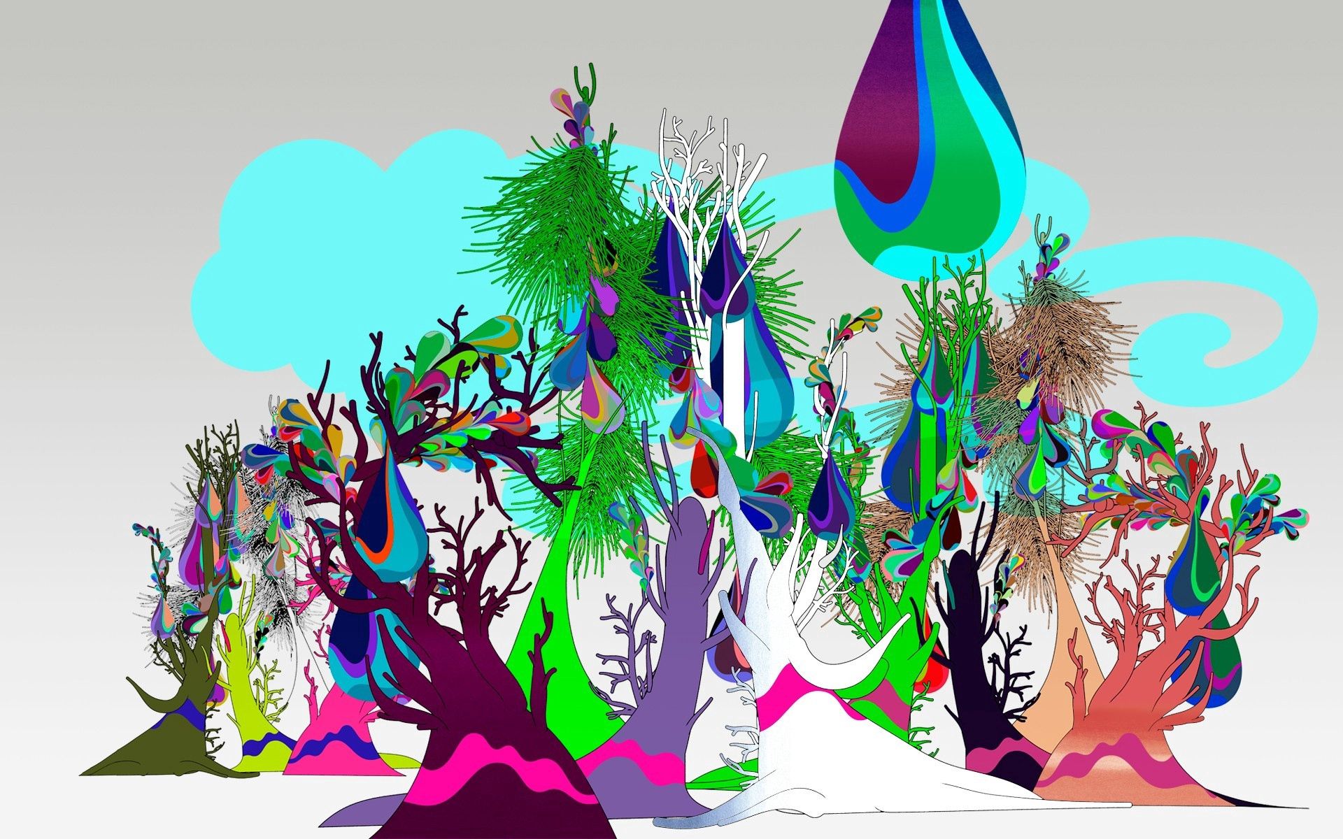 Laden Sie das Abstrakt, Bäume, Fantasie, Hell, Wald, Mehrfarbig, Motley, Fantasy-Bild kostenlos auf Ihren PC-Desktop herunter