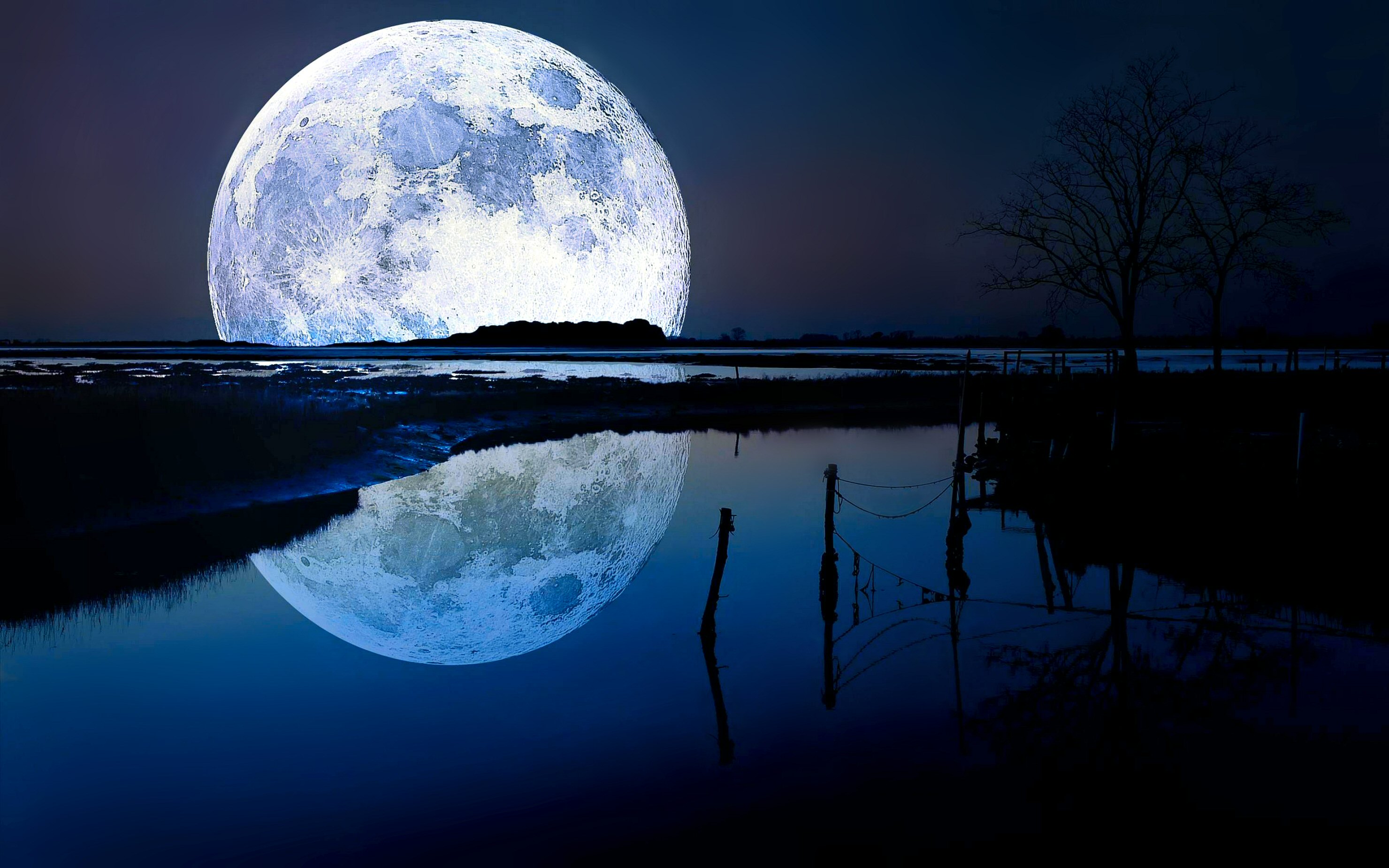 Horizon reflection, moon, lake, blue HD desktop images