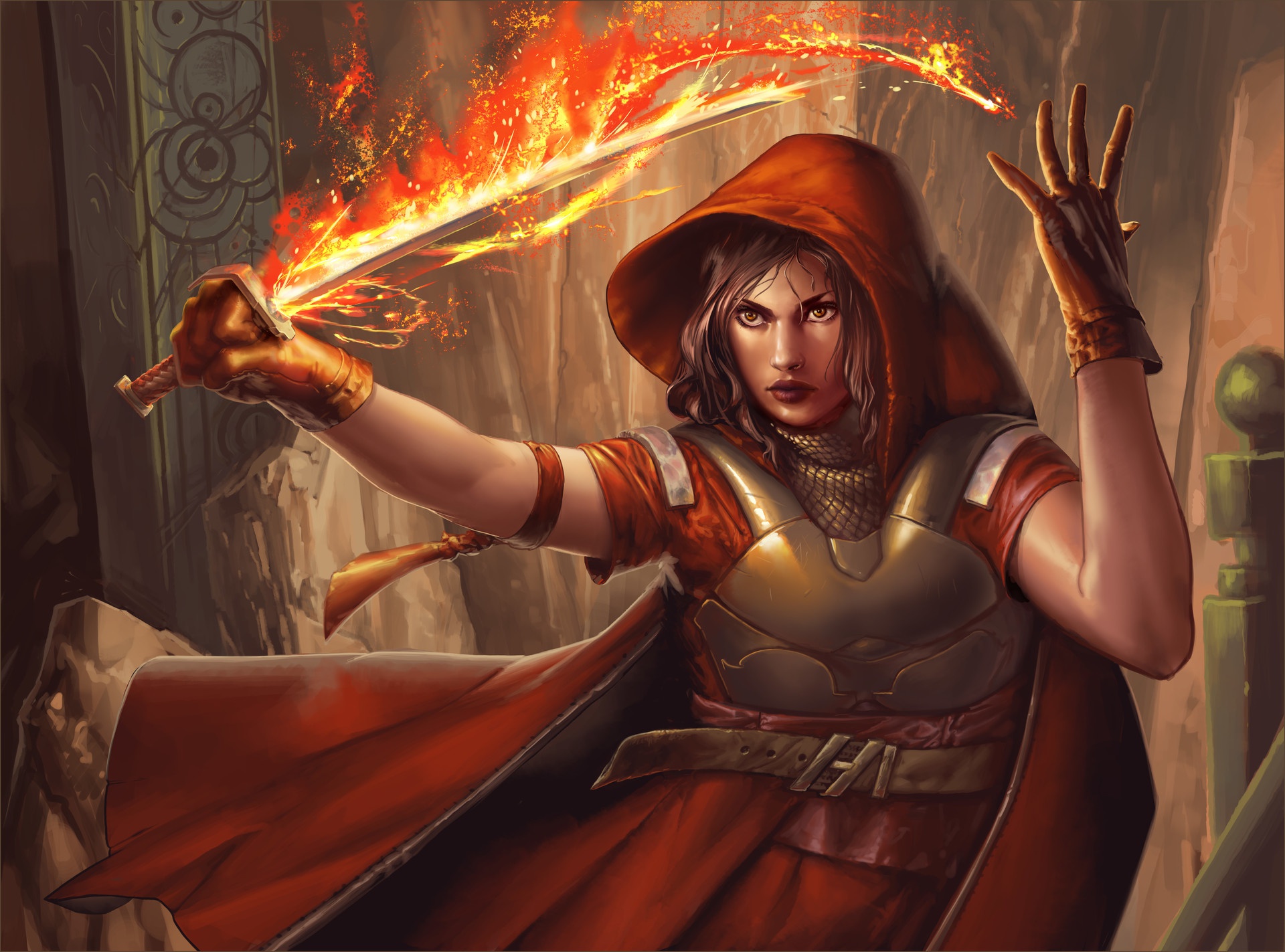 Desktop Backgrounds Hood woman warrior, sword, magic, fantasy