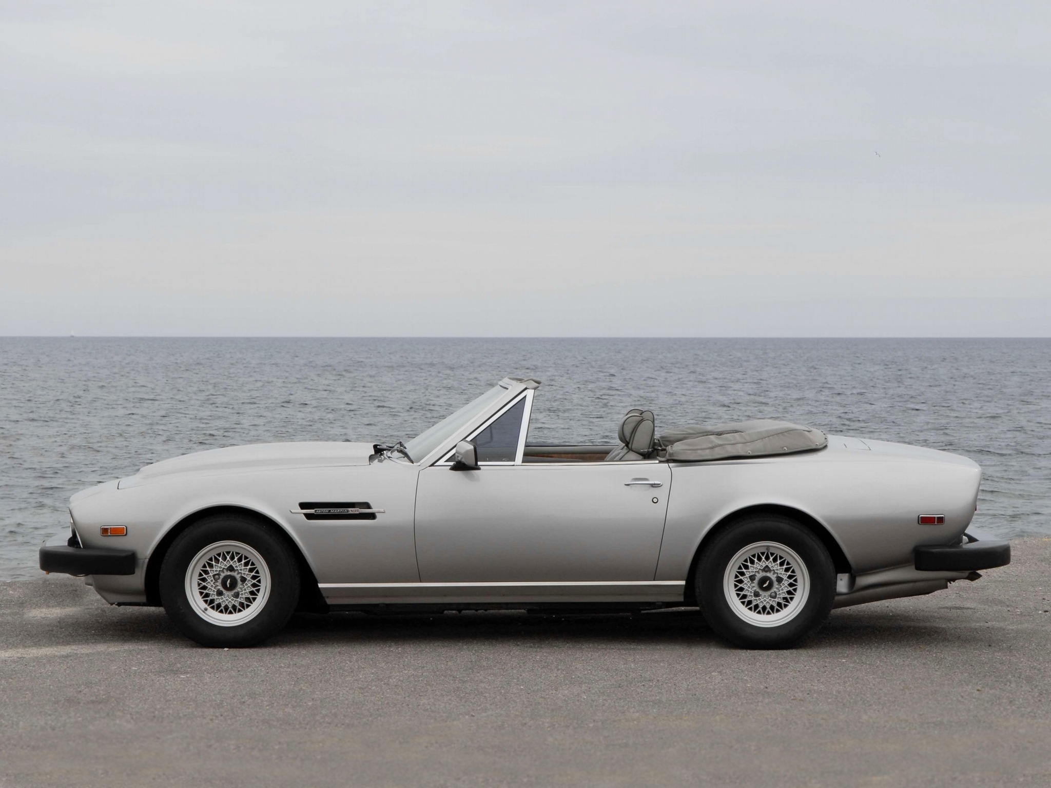 cars, sea, aston martin, grey, side view, cabriolet, v8, volante, 1977