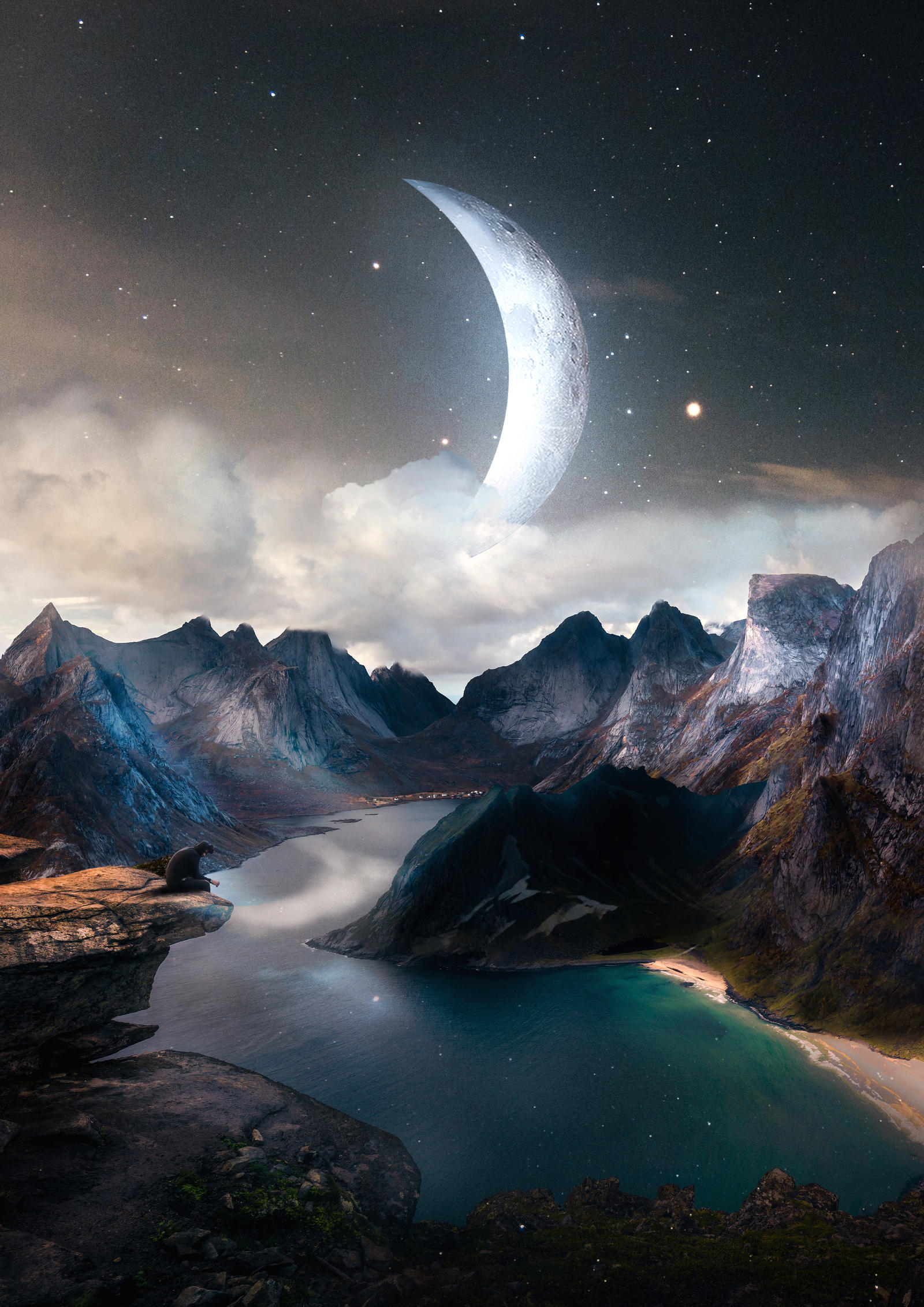 105416 скачать обои луна, пейзаж, река, горы, скалы, разное, человек, фантастический - заставки и картинки бесплатно