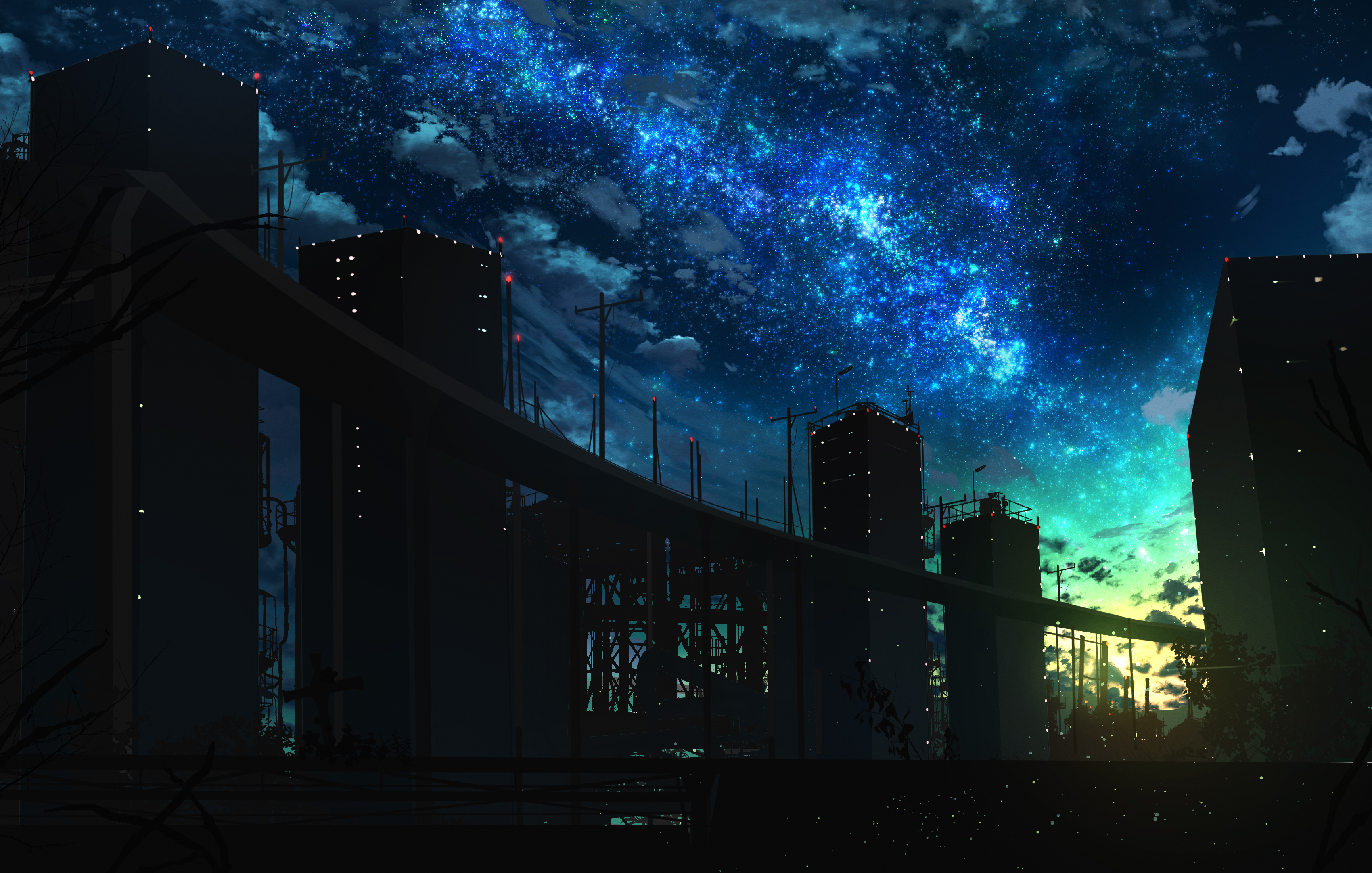art, nebula, silhouette, night, building, bridge Full HD