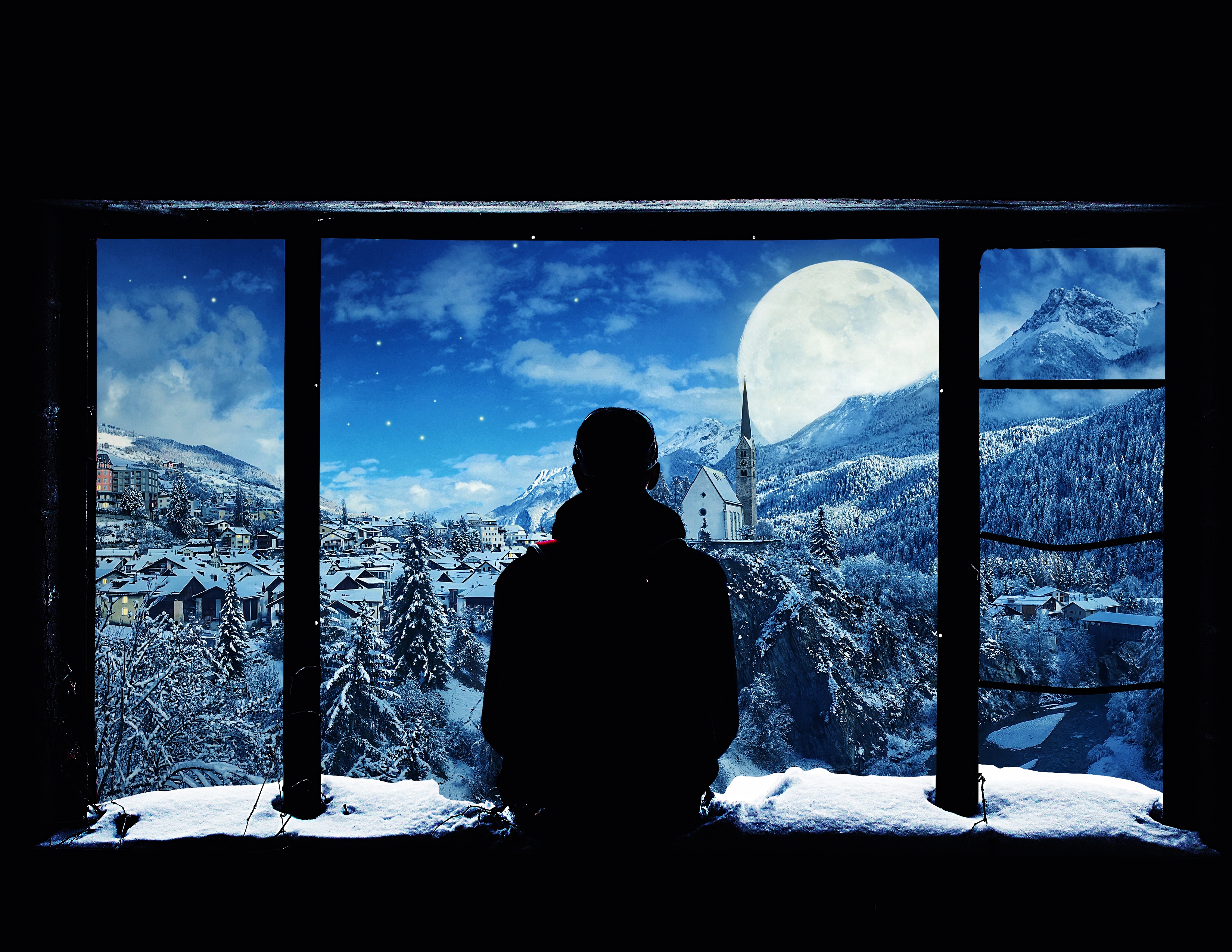 117129 Hintergrundbild herunterladen verschiedenes, mountains, schnee, silhouette, sonstige, fenster, allein, einsam - Bildschirmschoner und Bilder kostenlos