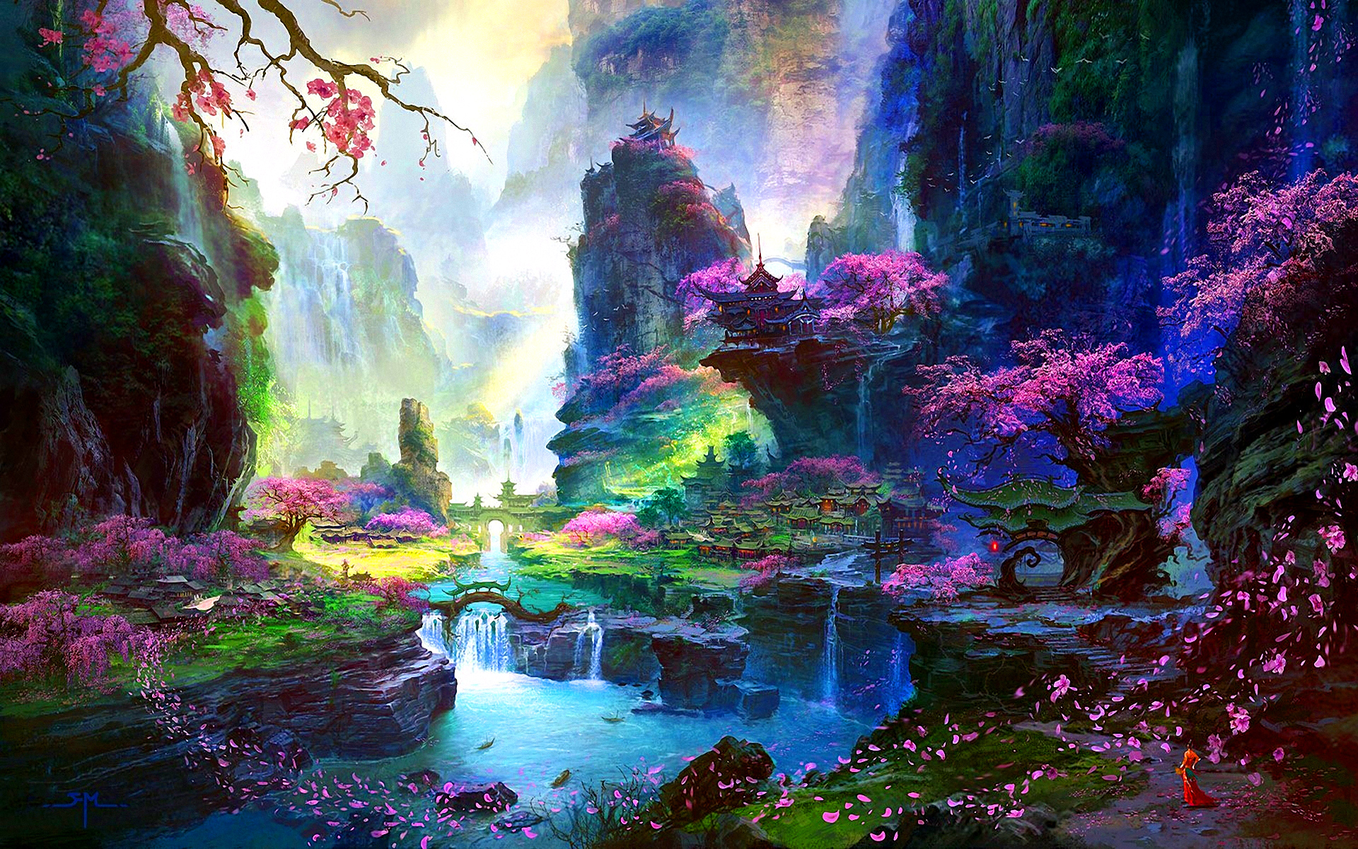fantasy, oriental, landscape, flower, cherry blossom, petal
