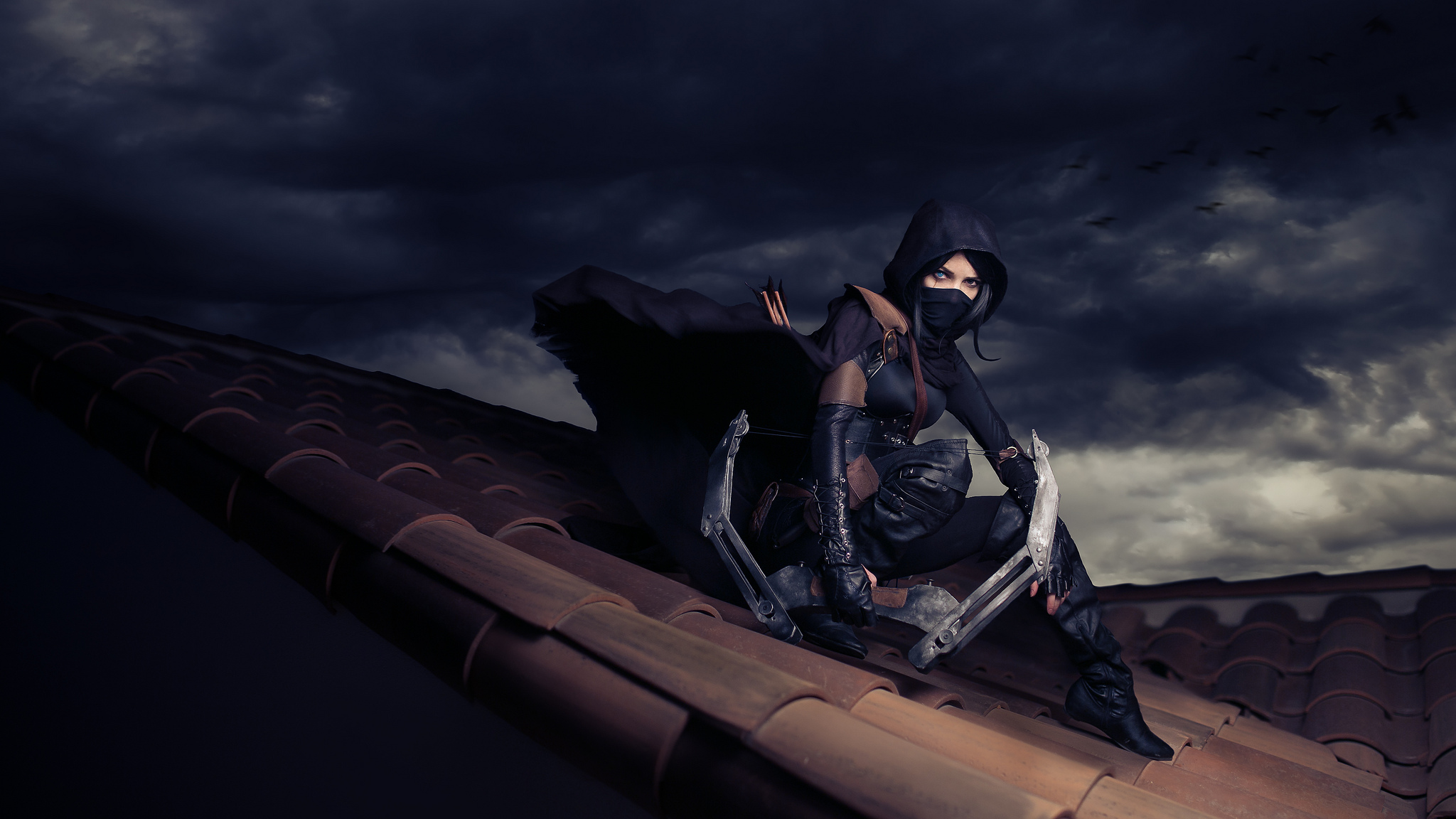 HD wallpaper women, cosplay, bow, mask, roof, thief (video game)